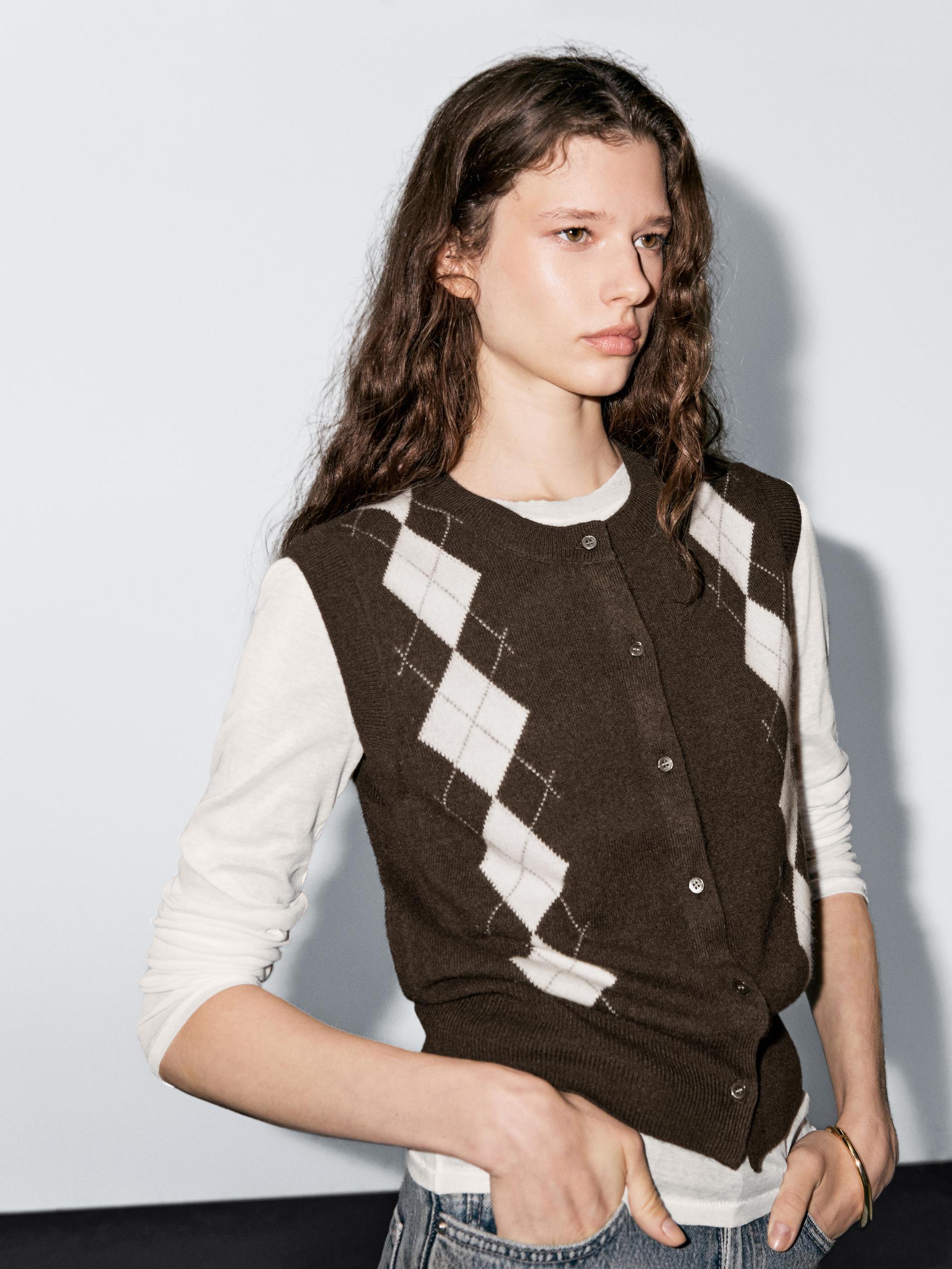 Cardigan Losangé - Chocolat - M - Massimo Dutti - Femme