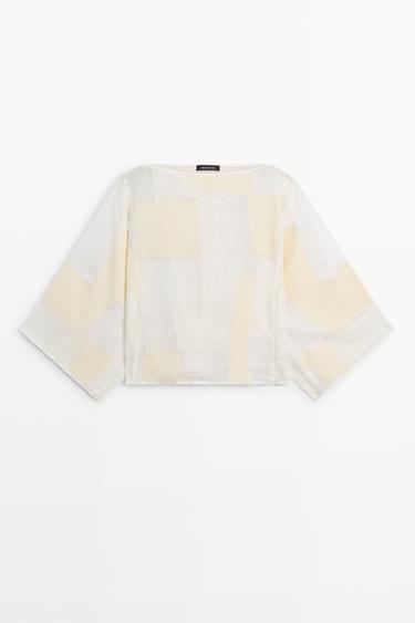 Patchwork print boat neck blouse — Off white 2