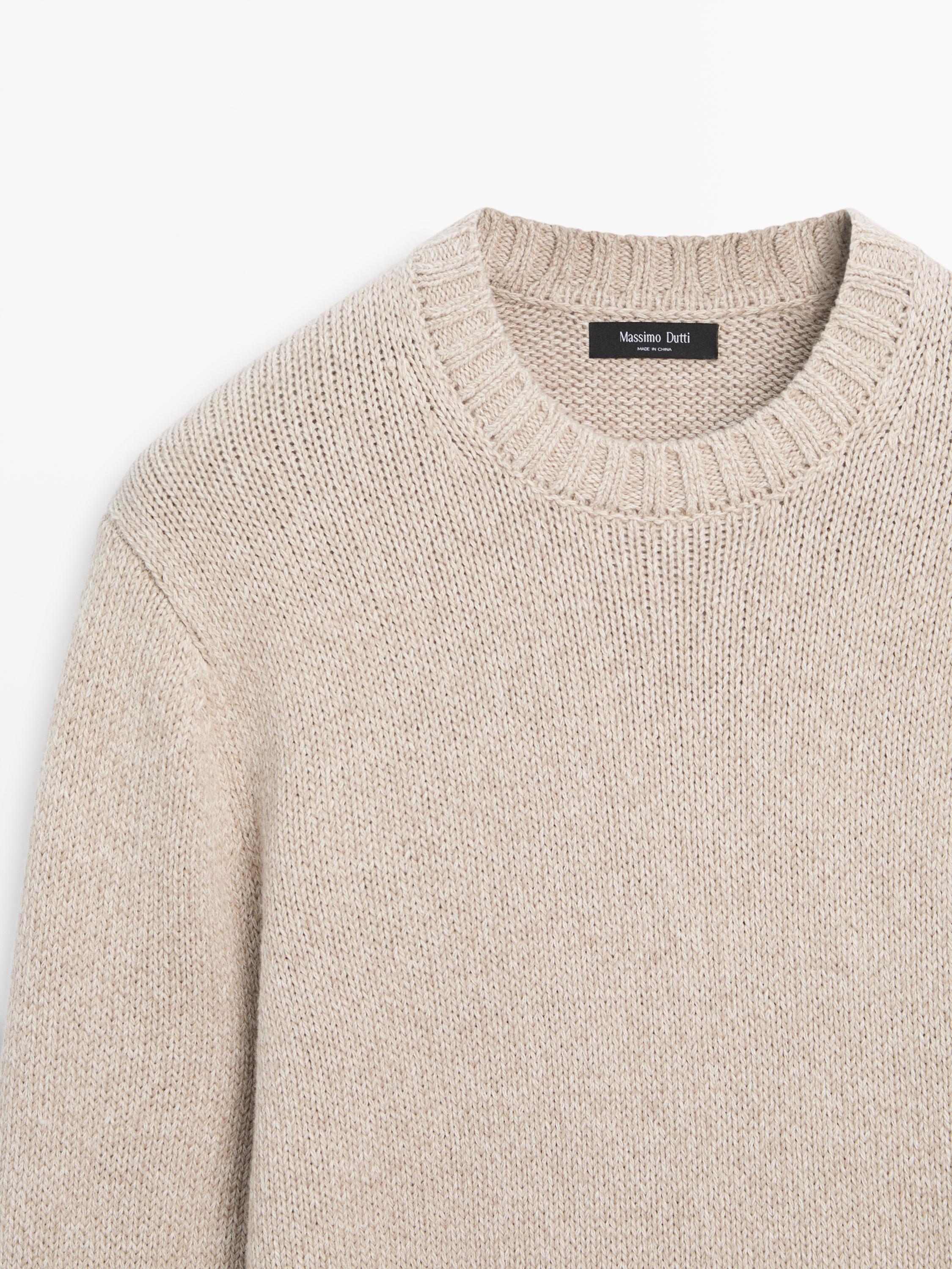 Cotton blend knit crew neck sweater — BEIGE