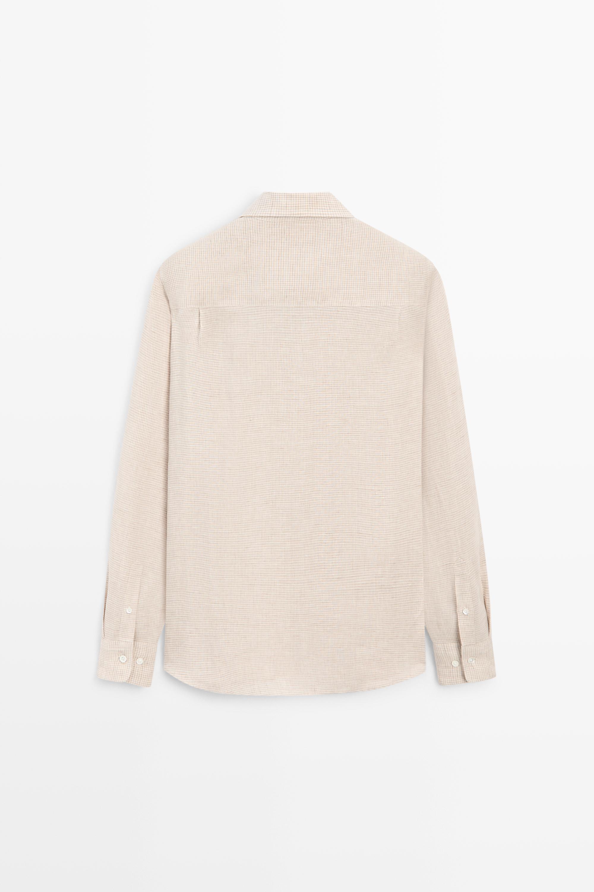 100% linen regular fit micro check shirt — CREAM