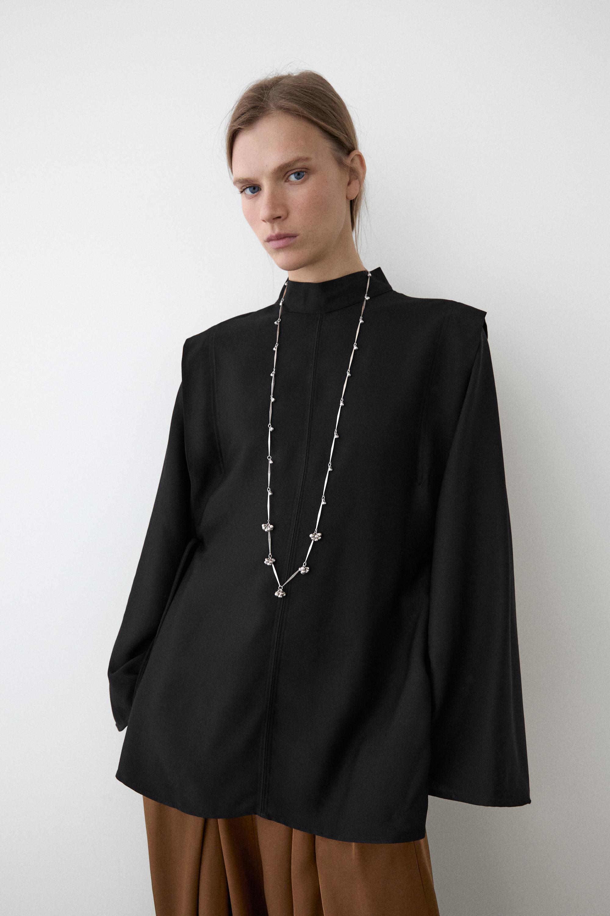 Mock turtleneck shirt with tie details — BLACK