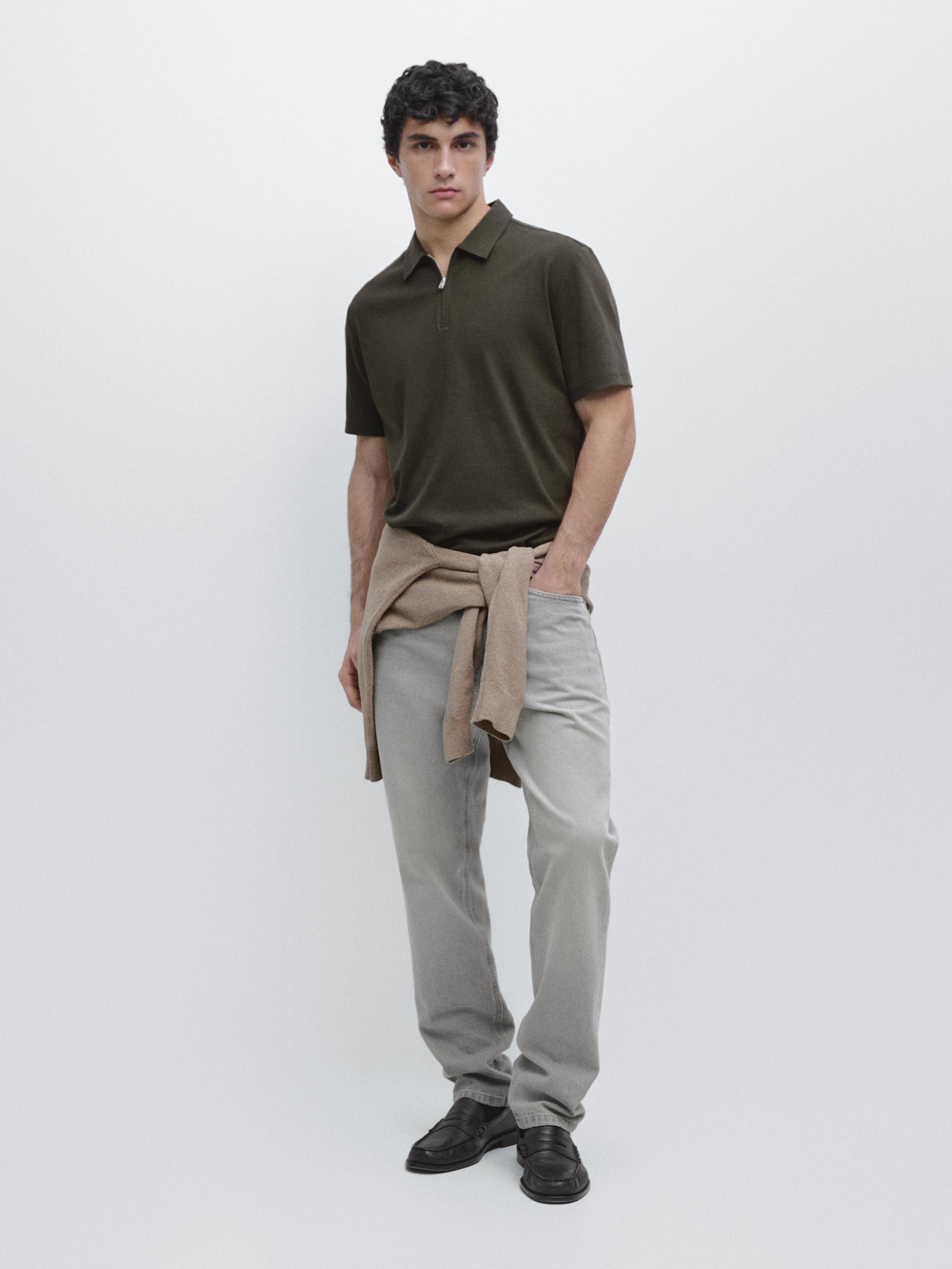 Short sleeve polo shirt with zip detail — DARK GREEN