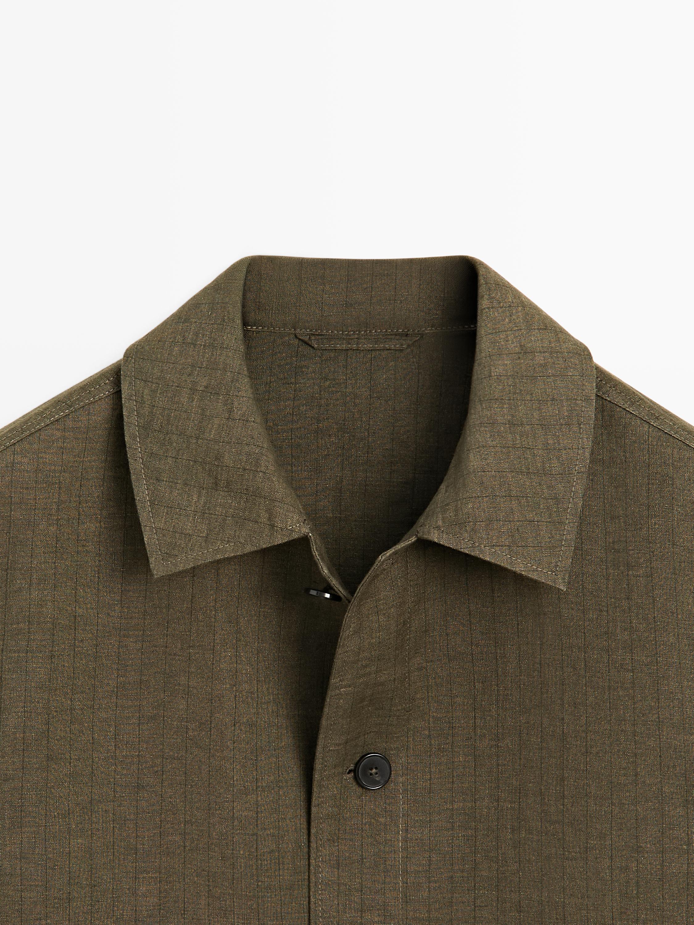 100% linen overshirt with pockets and striped detail — GREEN