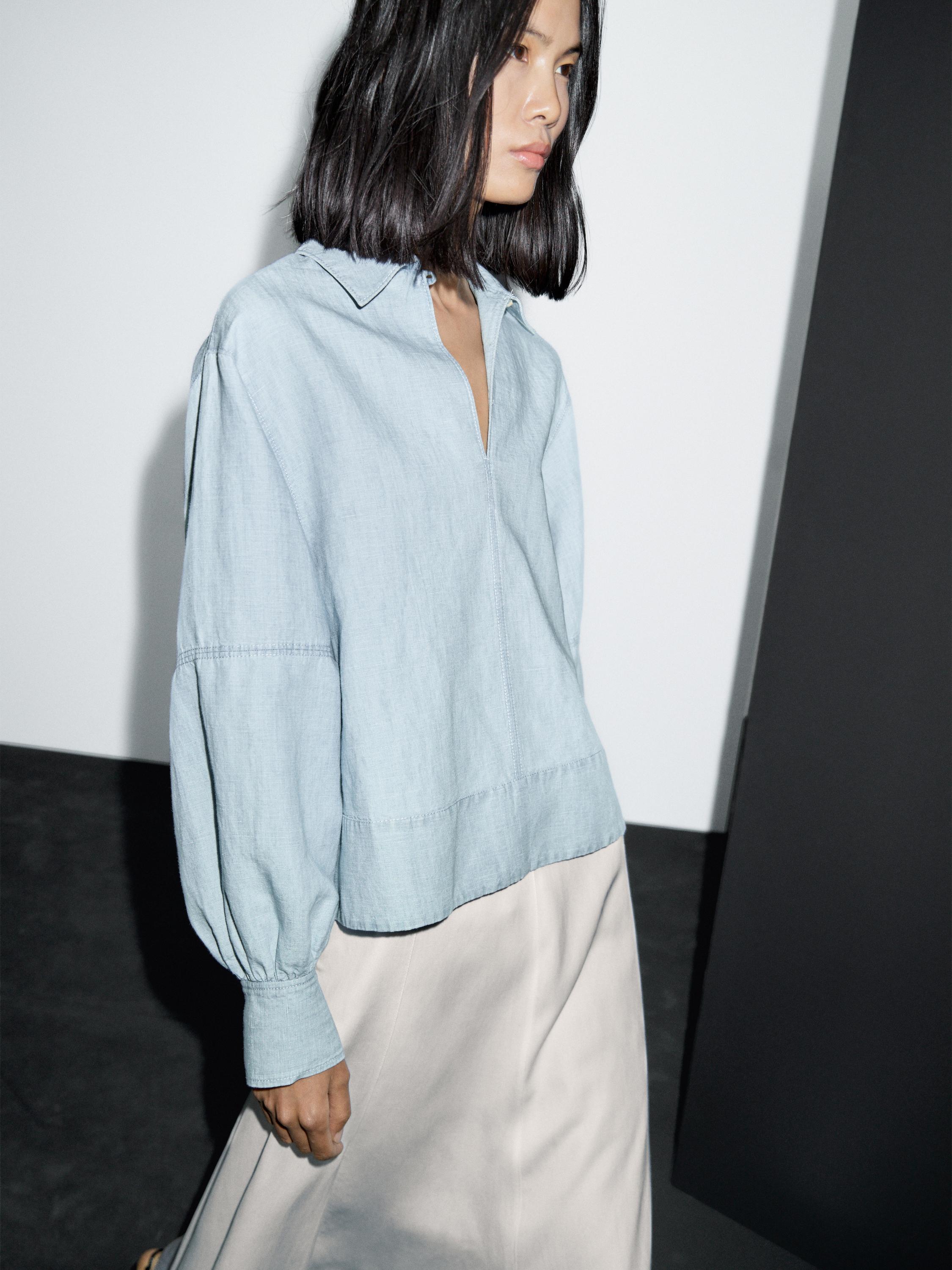 Oversize denim blouse with puff sleeves · Light Blue · Shirts Massimo Dutti