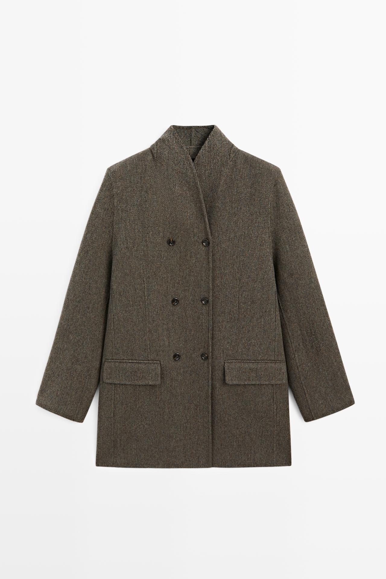 Mid-length double-breasted coat with button detail — BROWN