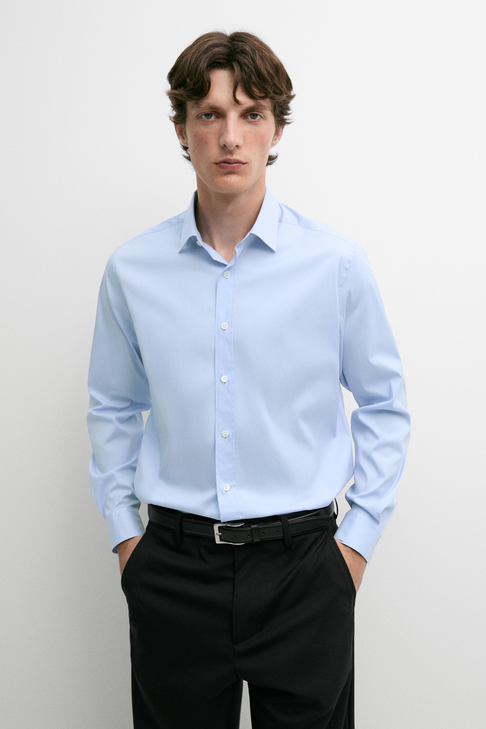 Slim fit stretch cotton blend shirt — Sky blue