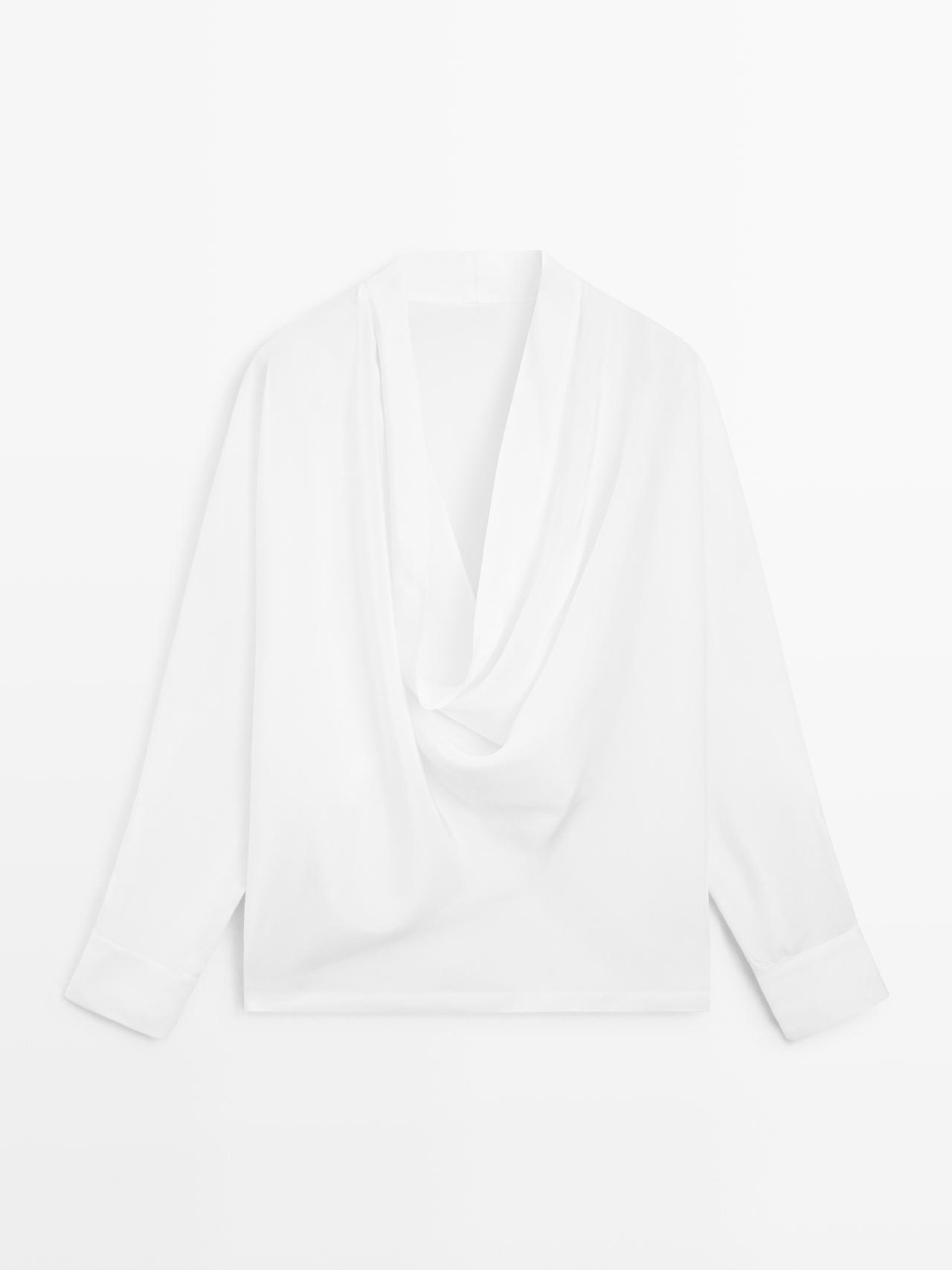 Chemisier Fluide À Décolleté Drapé - Blanc - M-L - Massimo Dutti - Femme
