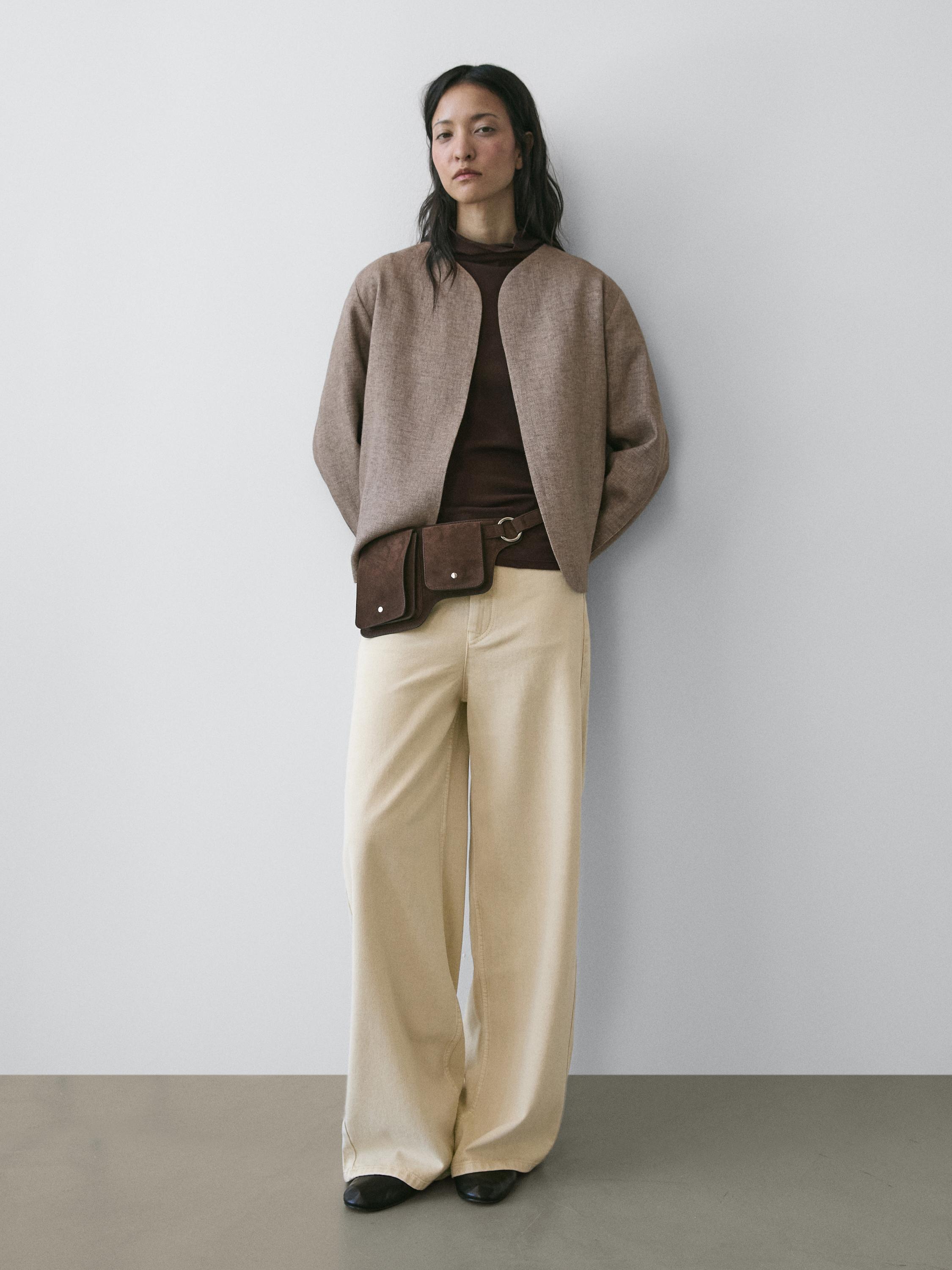Short linen blend jacket — MOLE BROWN