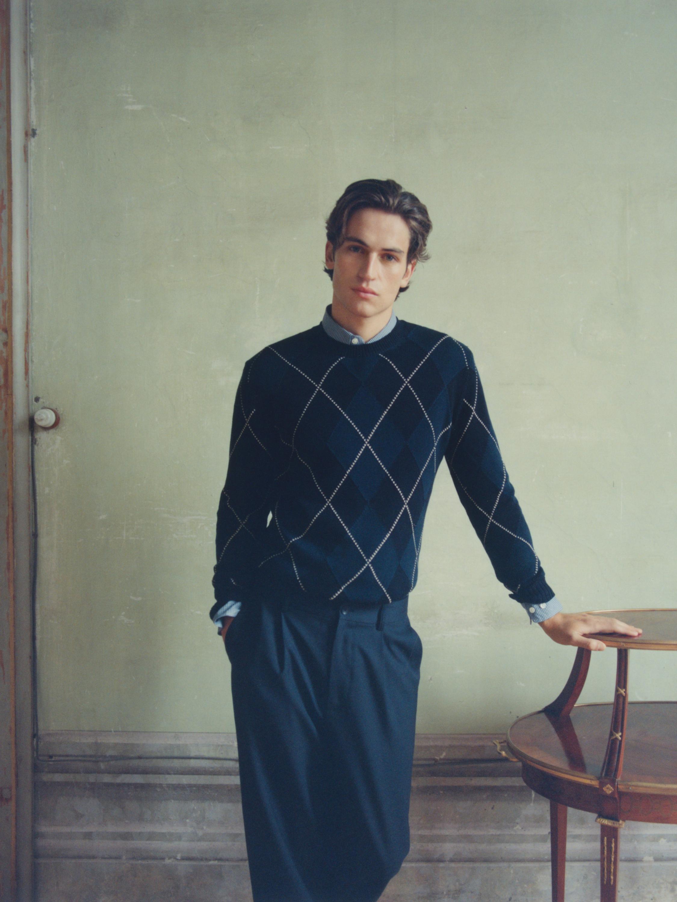 Cotton knit sweater with argyle detail — BLUE