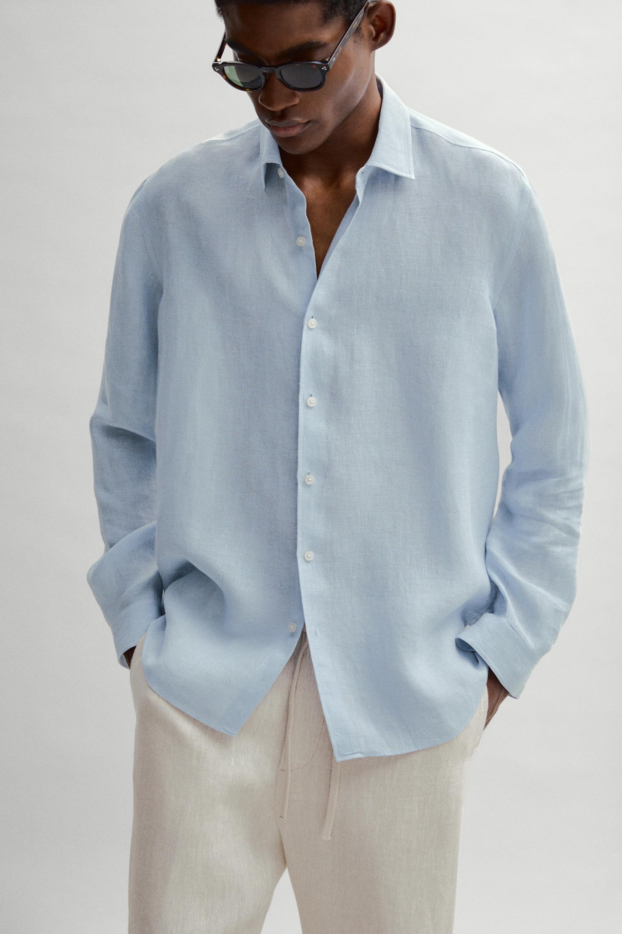 Textured 100% linen regular fit shirt — BLUE