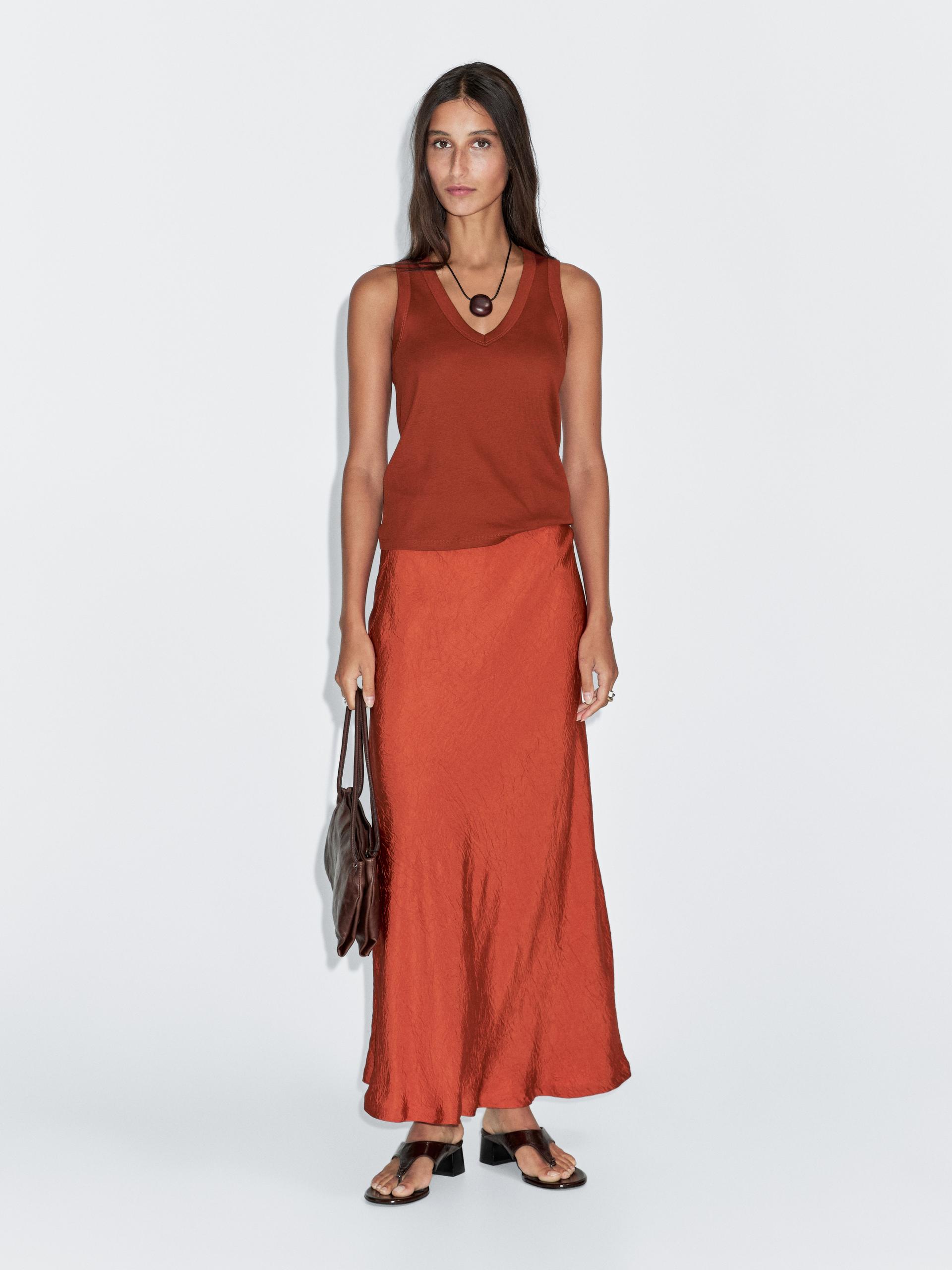 Massimo Dutti Long Flared Satin Skirt In Red
