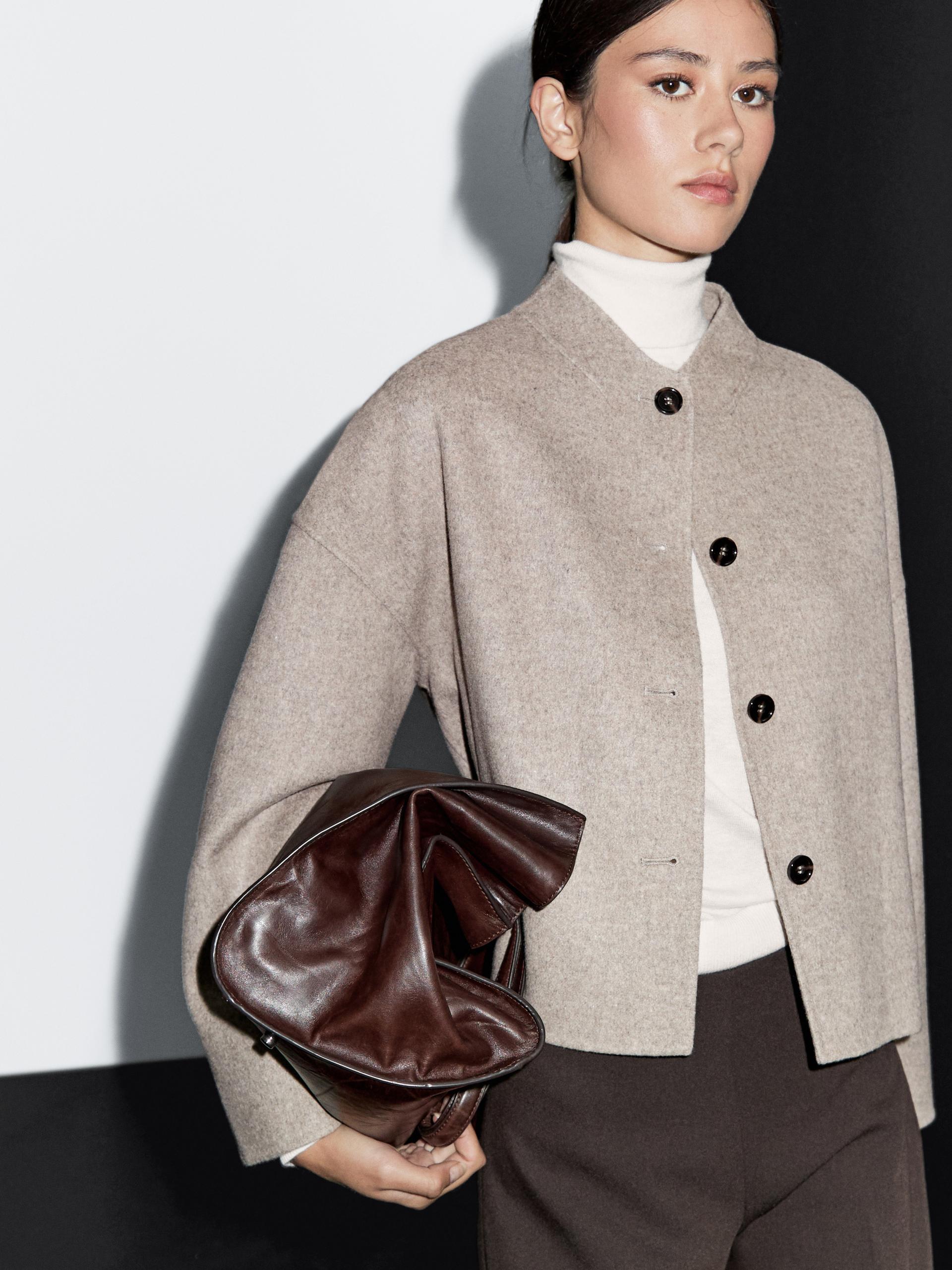 Manteau Laine Court À Col Montant - Camel - Xs - Massimo Dutti - Femme
