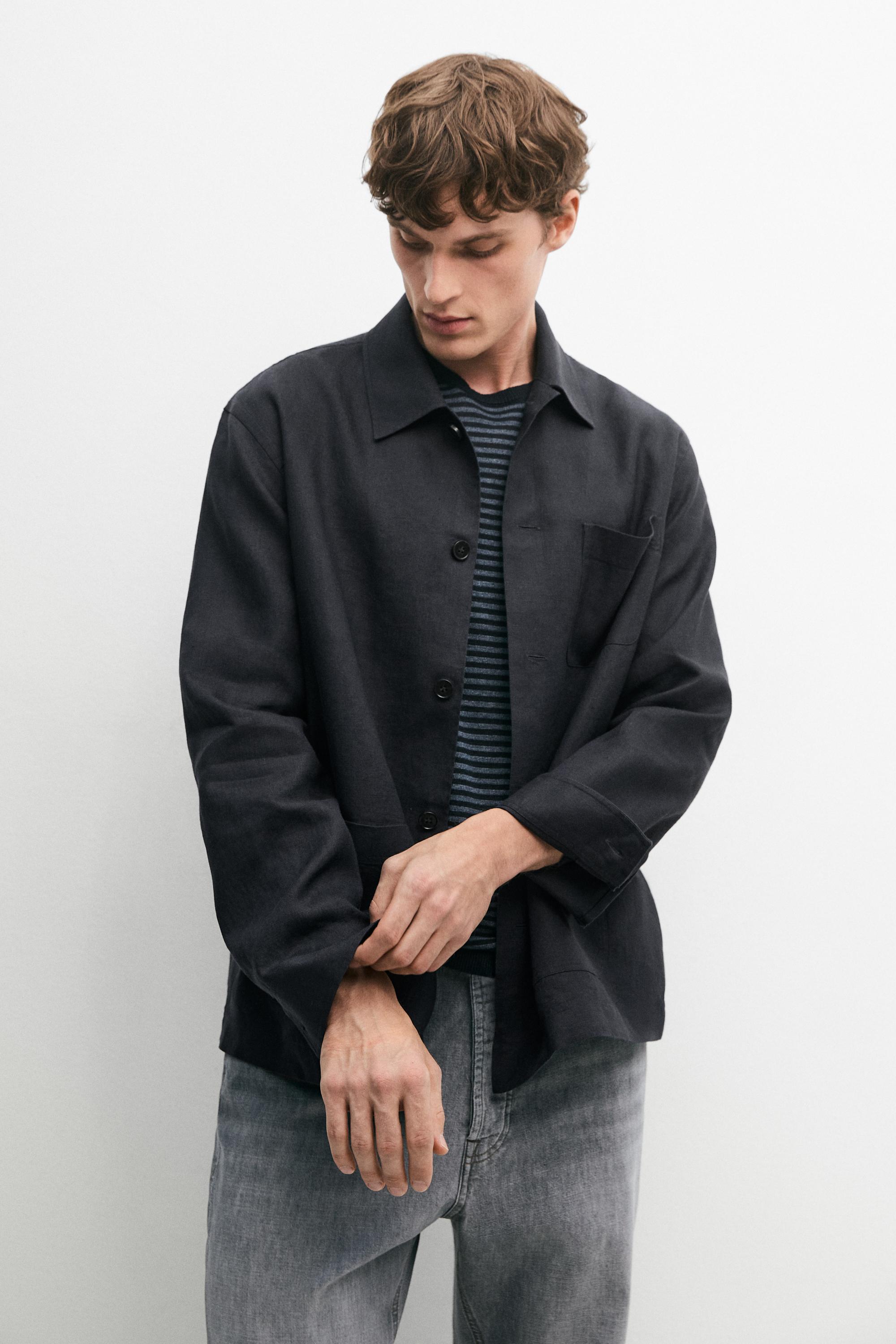 Linen total look overshirt with pocket details — NAVY BLUE