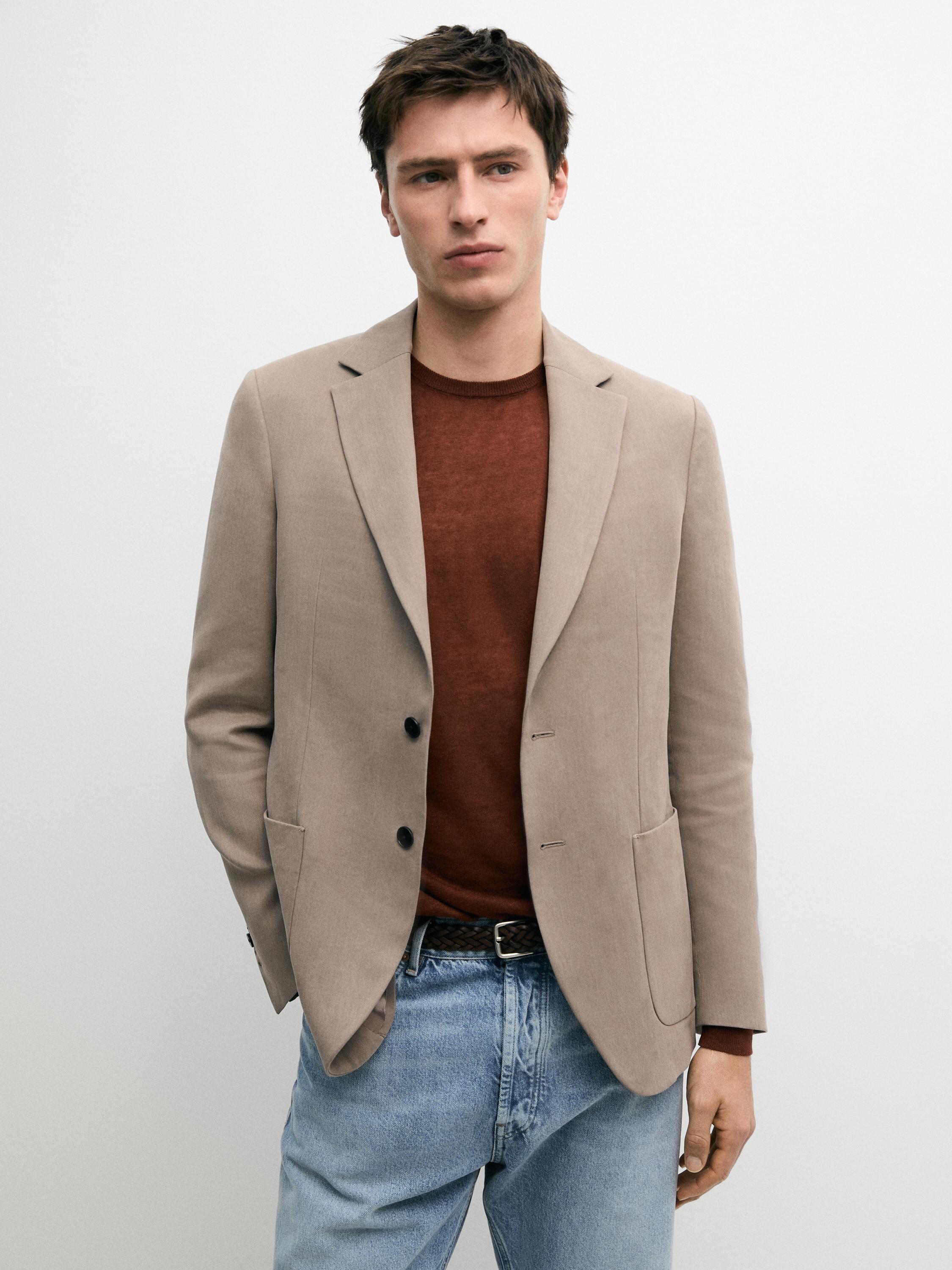 100% linen tailored blazer with pocket details — BEIGE