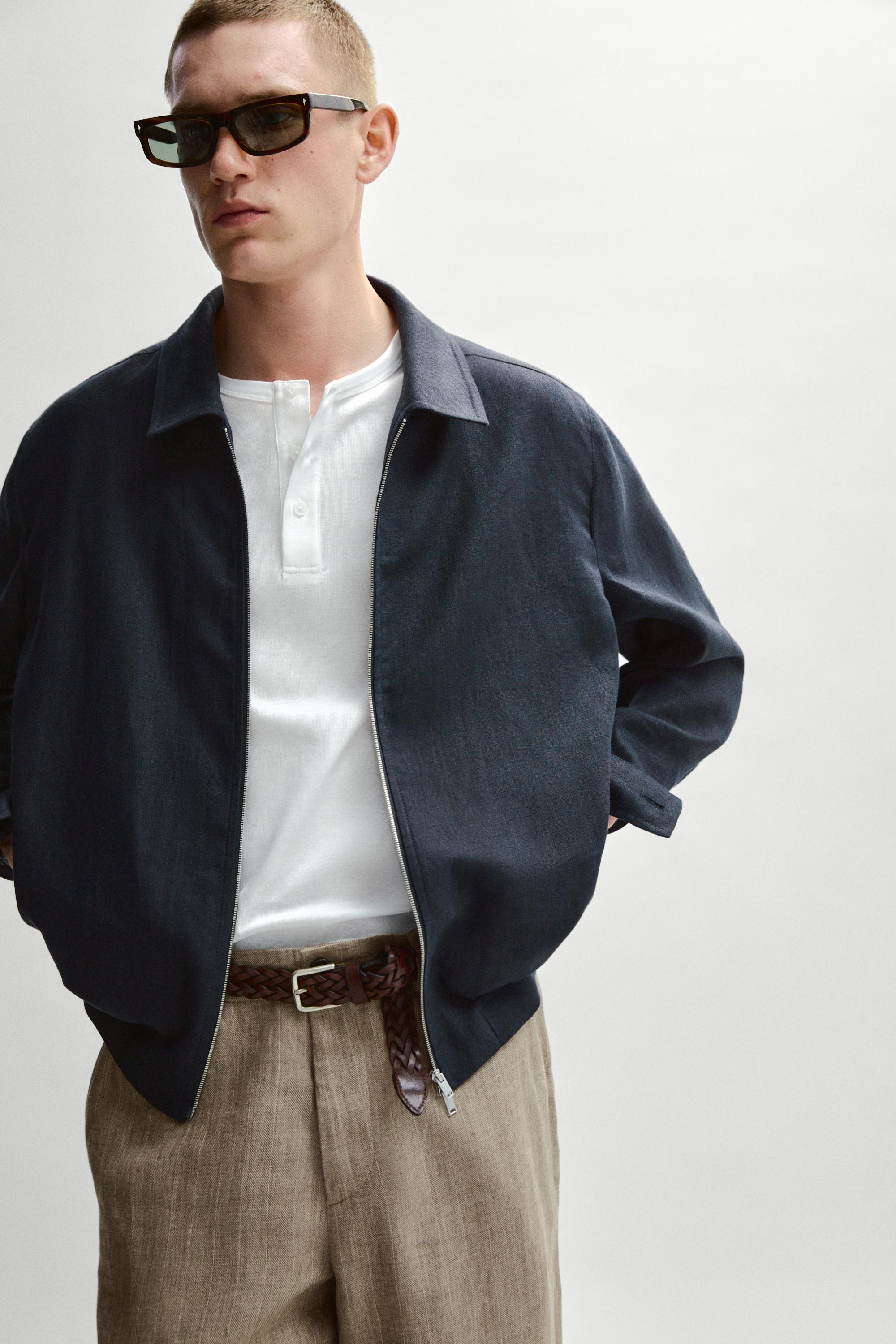 Cropped linen jacket — NAVY BLUE