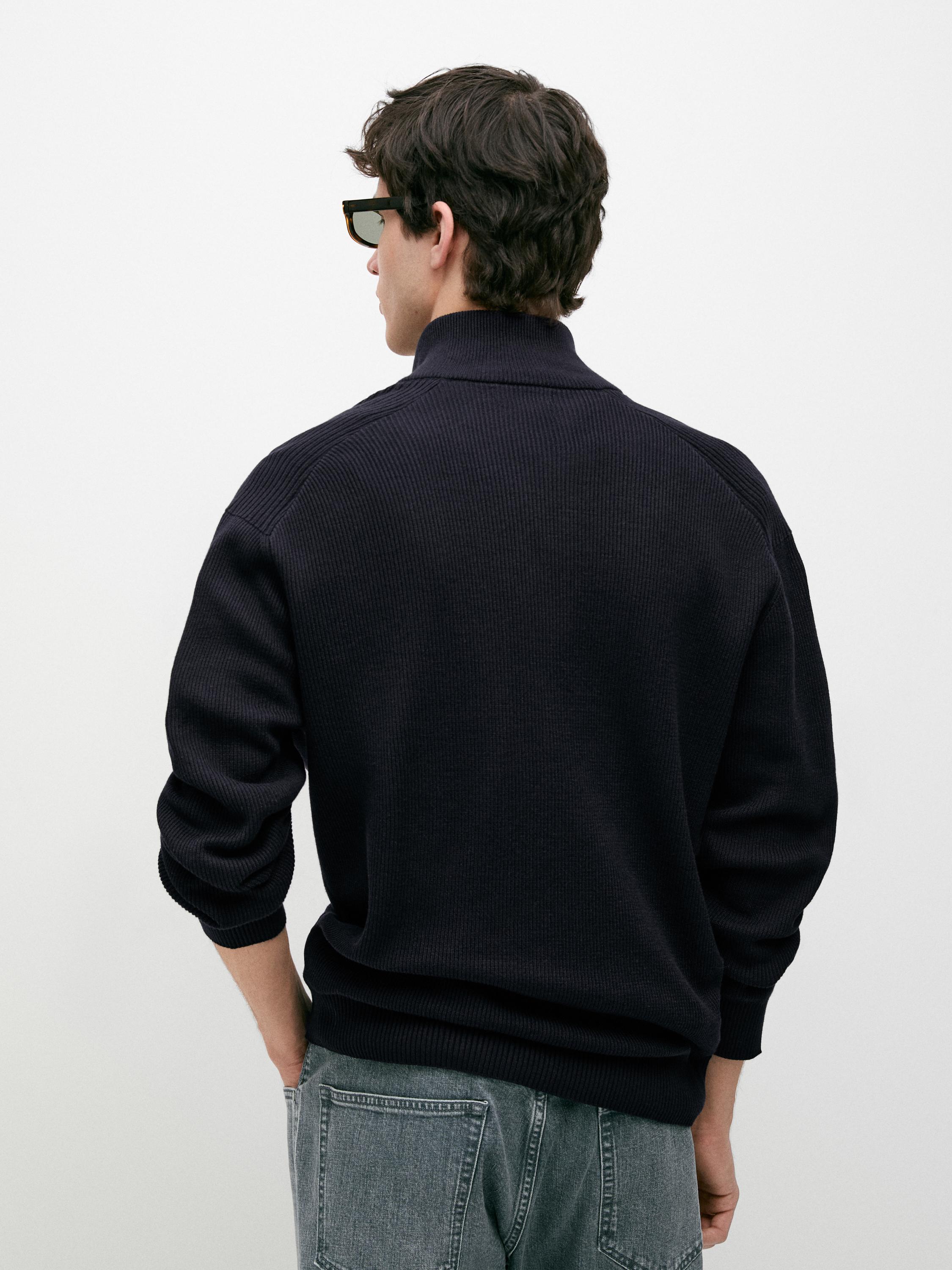 Cotton zip-up knit cardigan — NAVY BLUE
