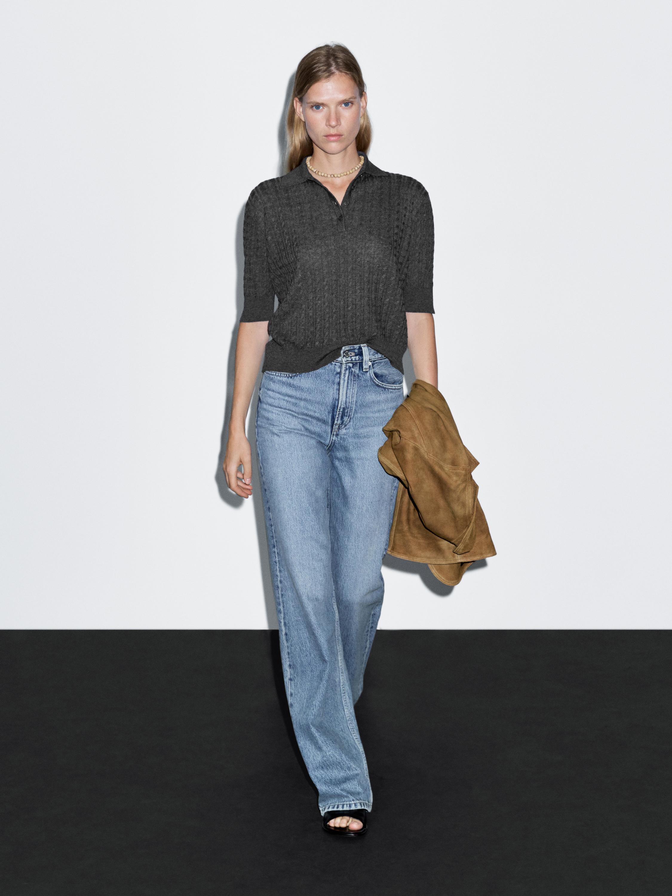 Wool blend cable-knit polo shirt