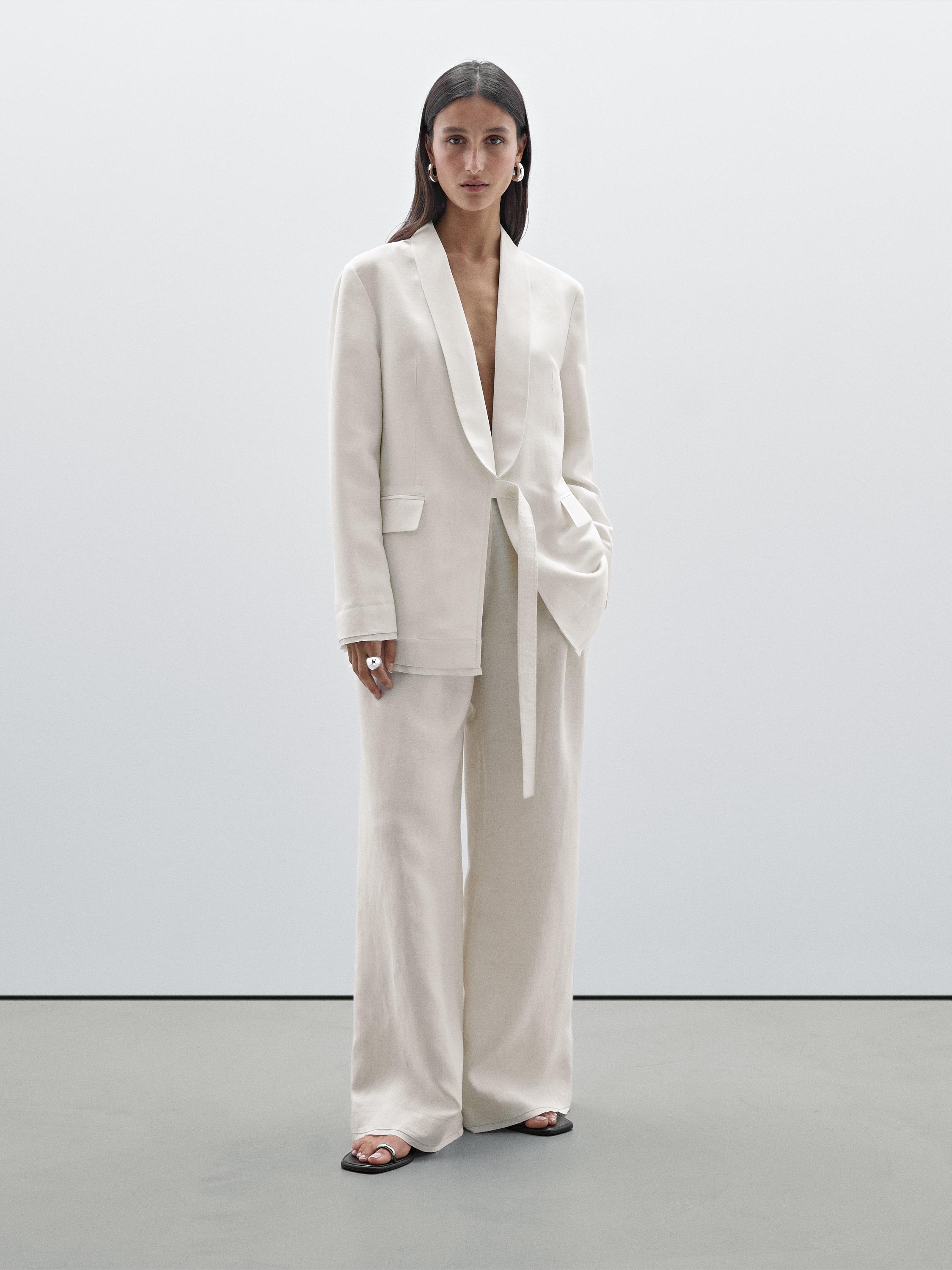 Traje Massimo Dutti Pantalon Blanco Mujer Pantalón Traje Tejido