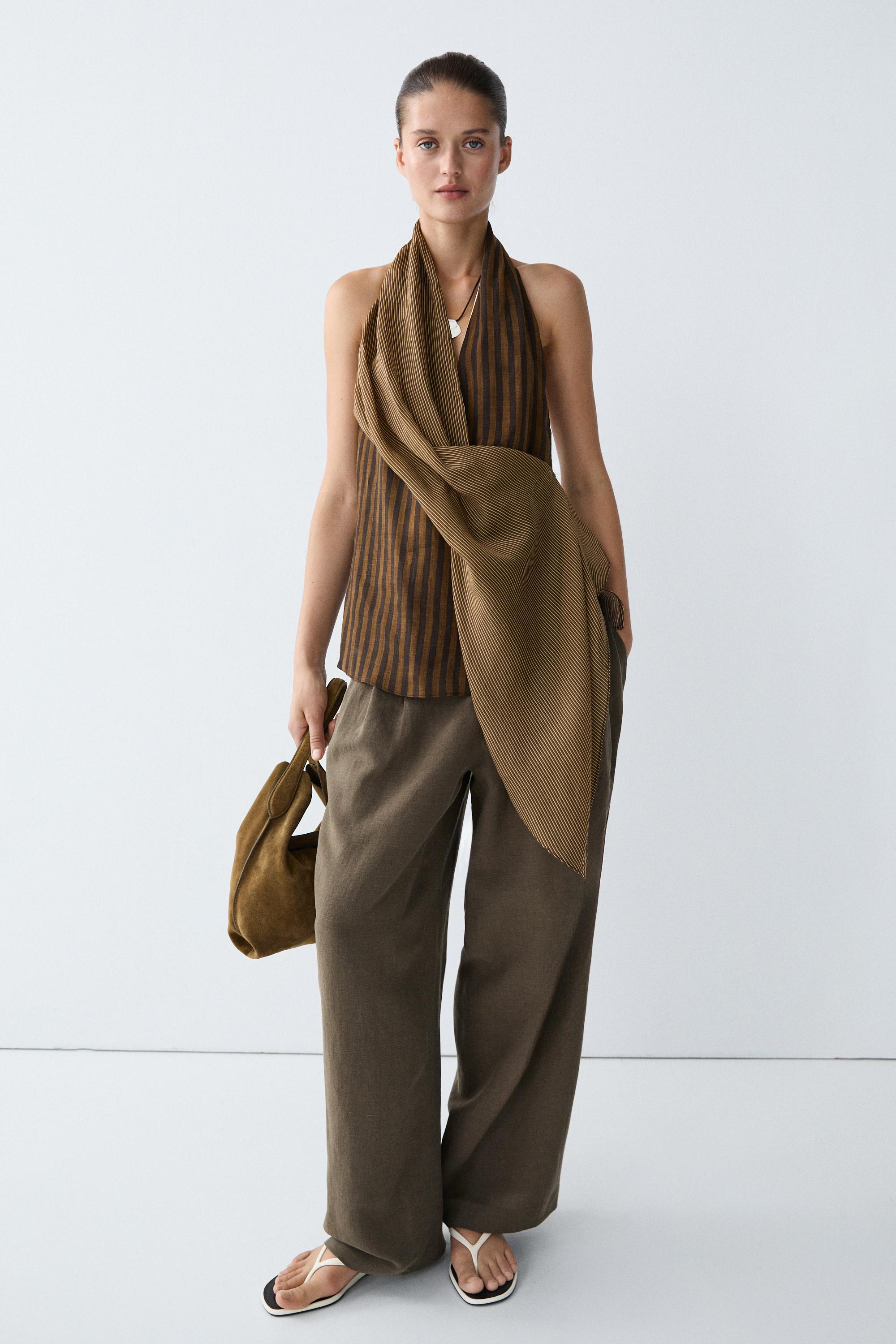 Flowing striped halter top total look — Khaki