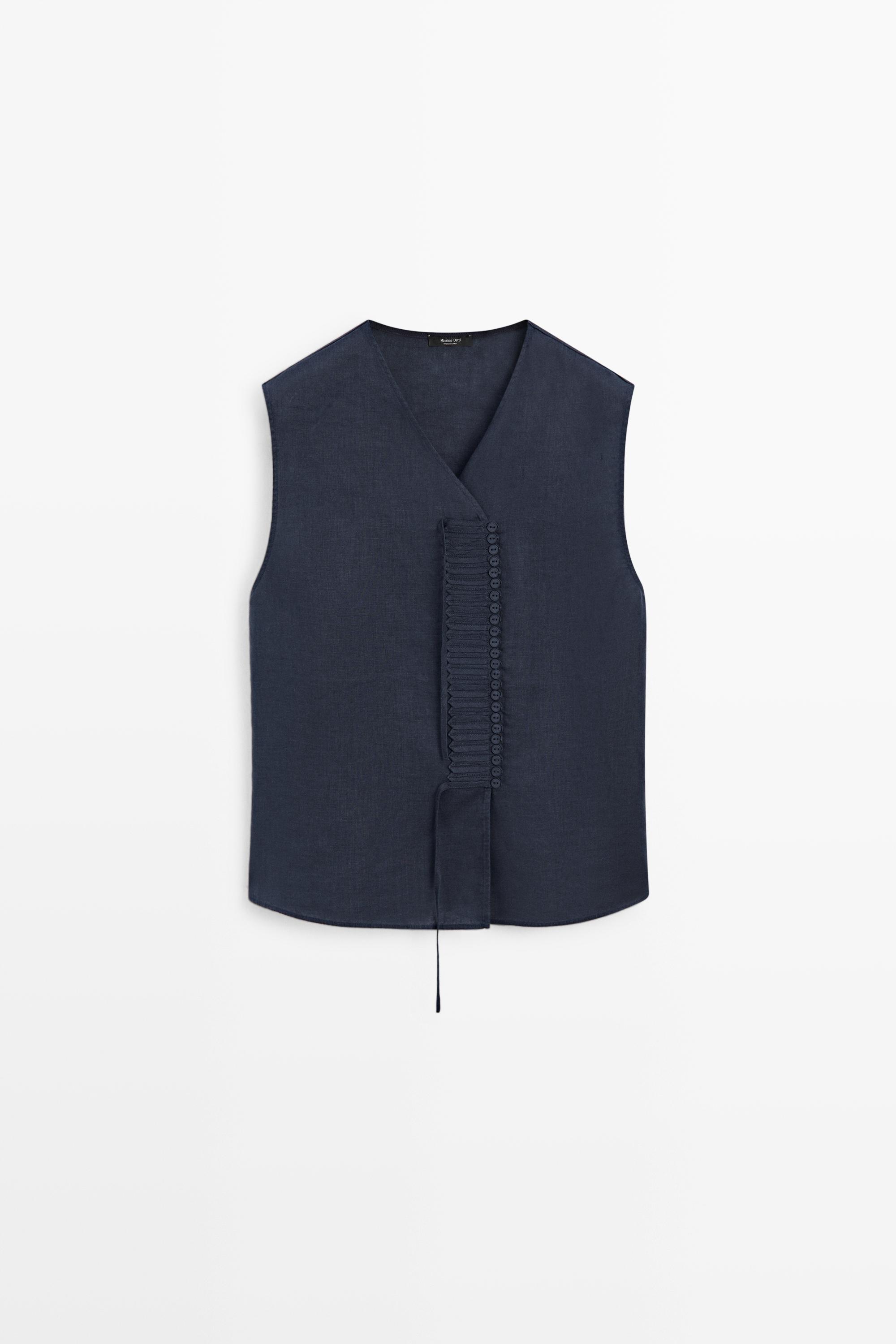 100% linen crossover top with button detail