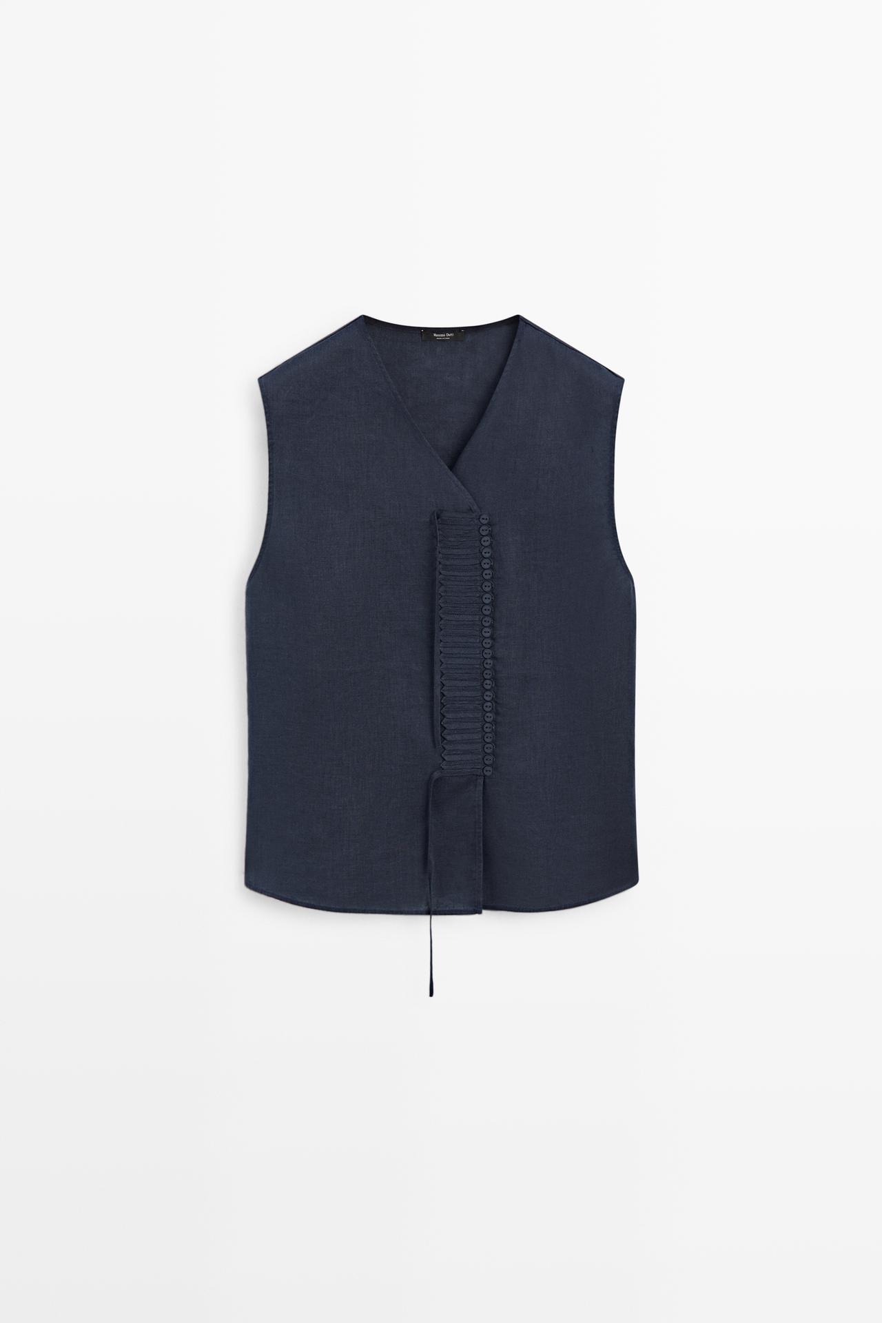100% linen crossover top with button detail — NAVY BLUE