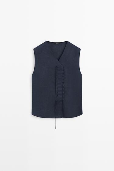 100% linen crossover top with button detail — NAVY BLUE 2
