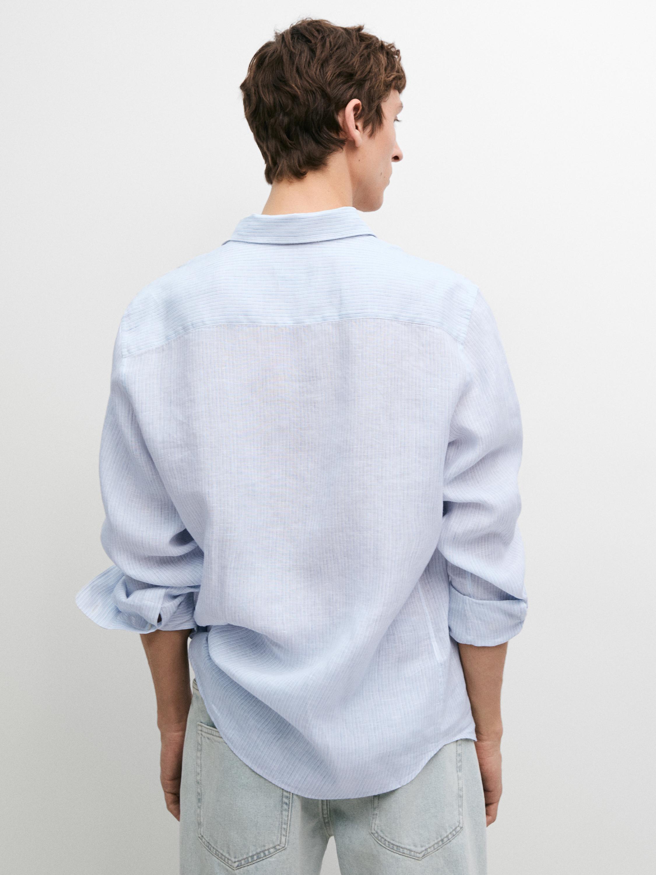Regular fit 100% linen striped shirt — Sky blue