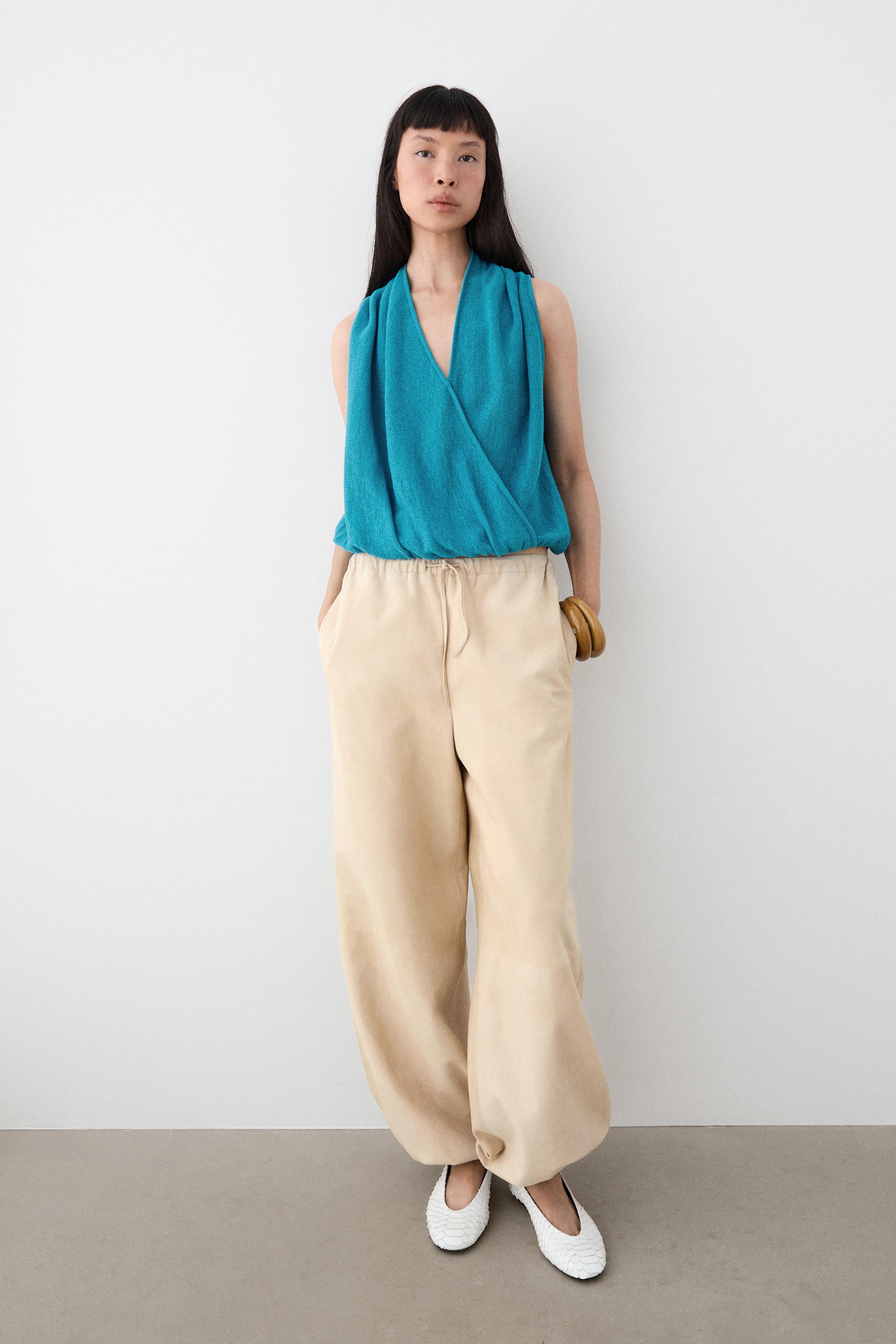 Linen blend crossover top — TURQUOISE