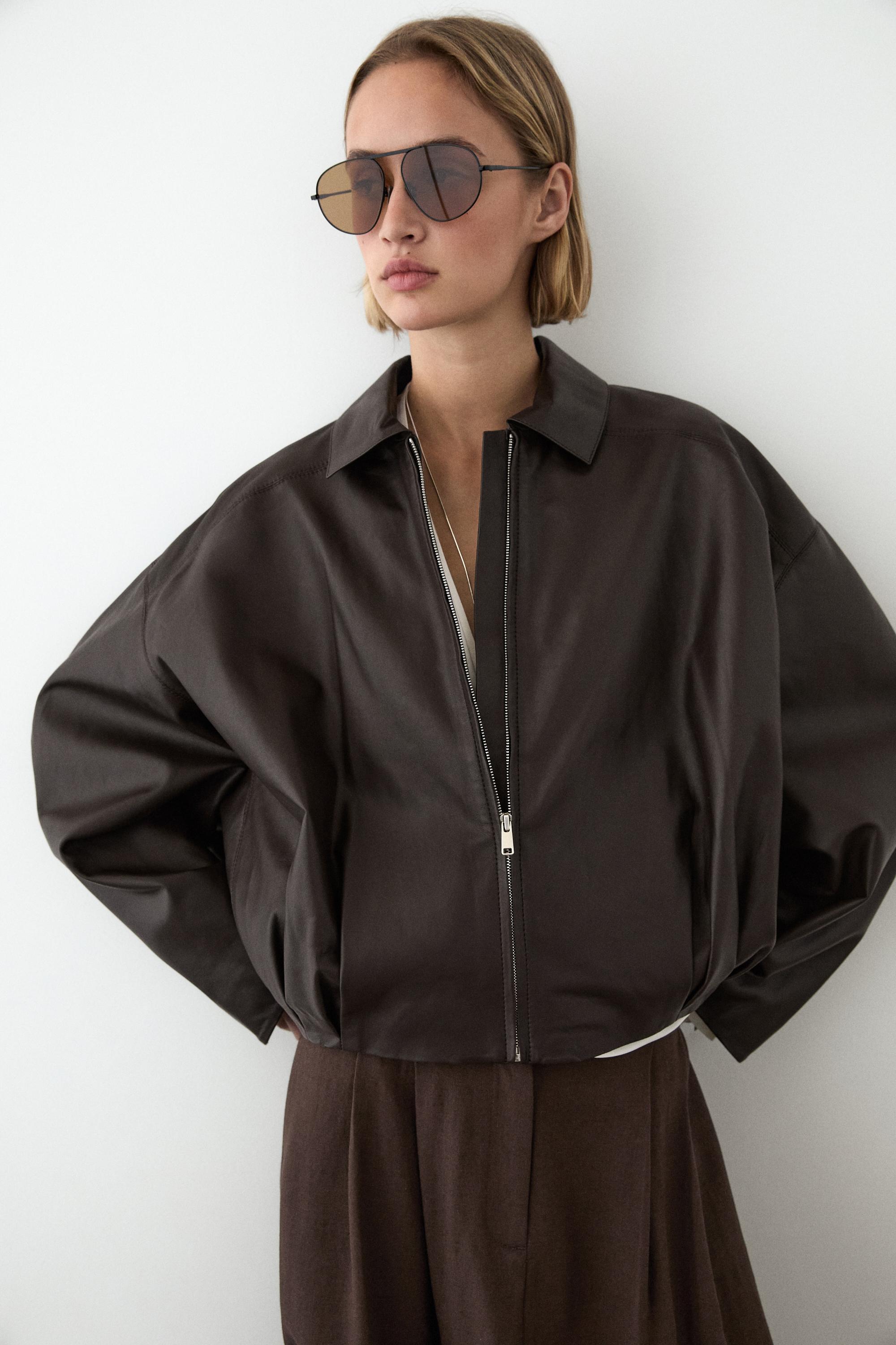 Nappa leather bomber jacket with pleat detail — BROWN