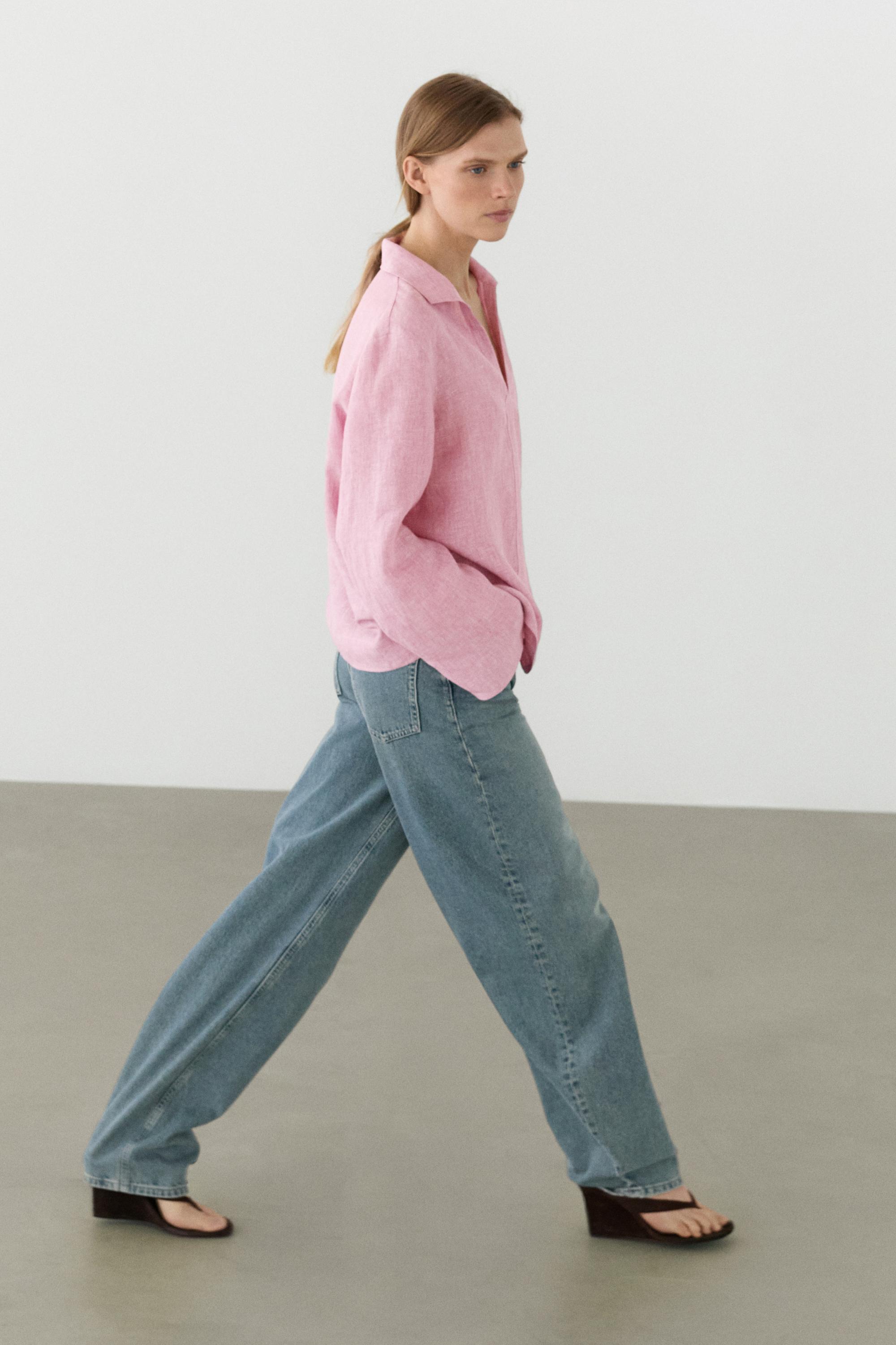 100% linen notch lapel collar blouse · Pink · Shirts | Massimo Dutti