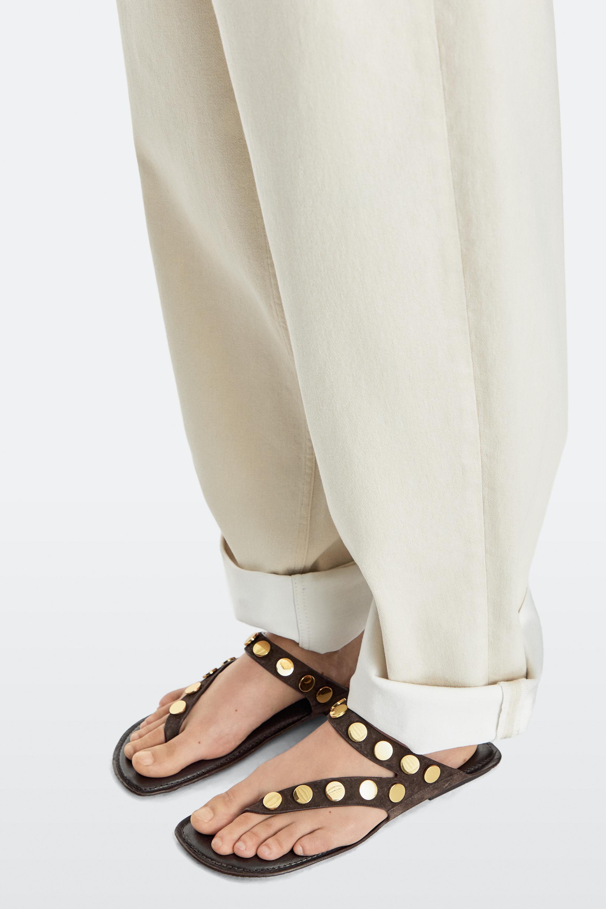 Metallic studded flat sandals — BROWN