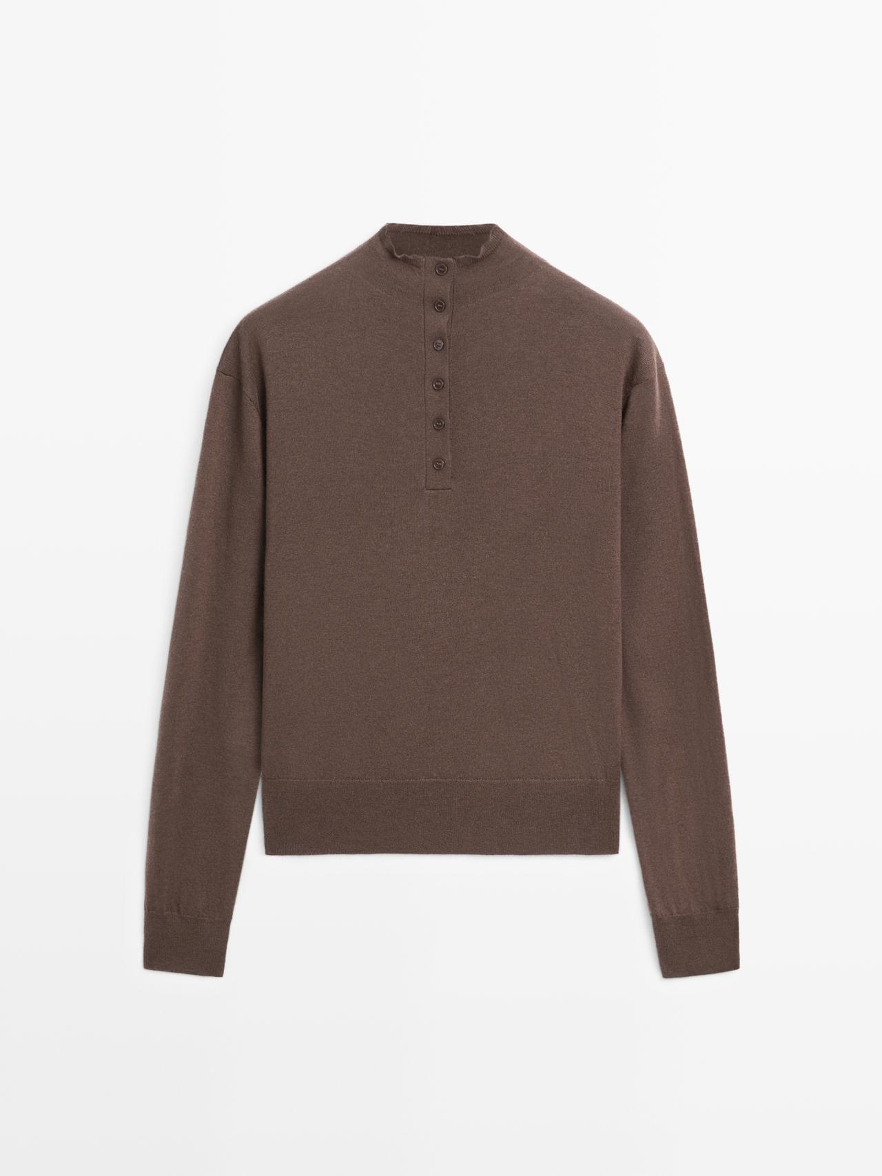 Massimo Dutti - Dame - Strikket Trøje Med Høj Hals Og Knapper - Brun - M