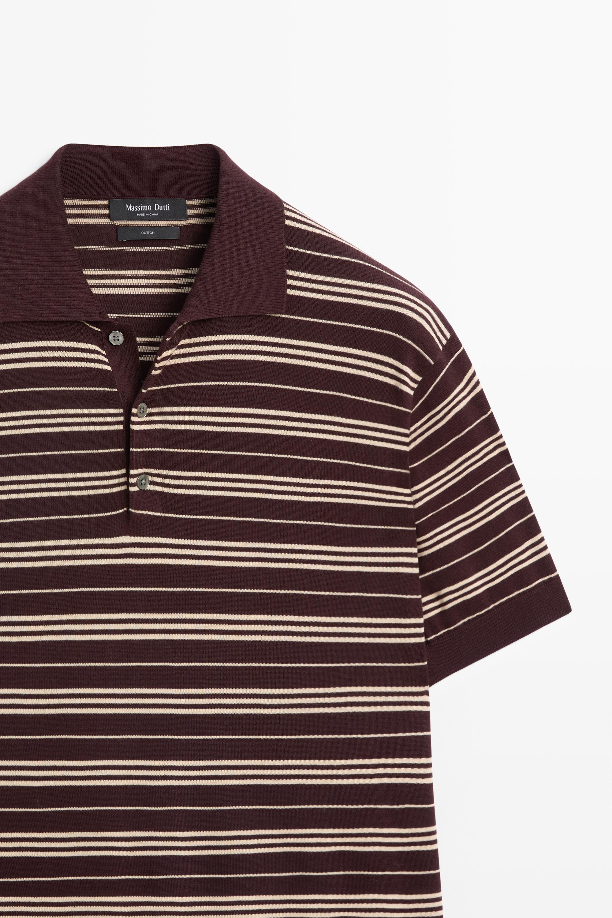 100% Cotton Striped Knit Polo Sweater — BURGUNDY