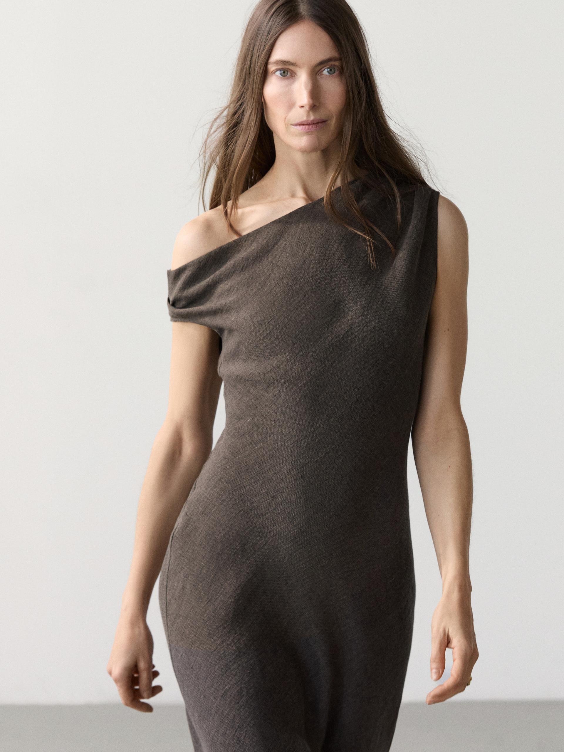 Robe Midi 100 % Lin Détail Épaule - Gris - L - Massimo Dutti - Femme