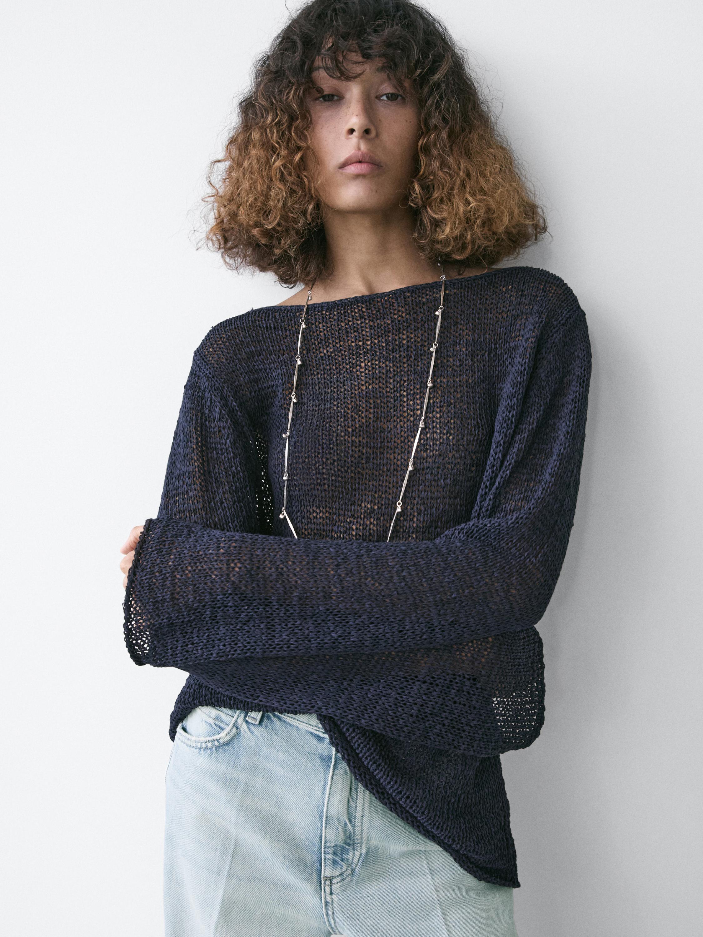 Cotton blend knit boat neck sweater — Dark Blue