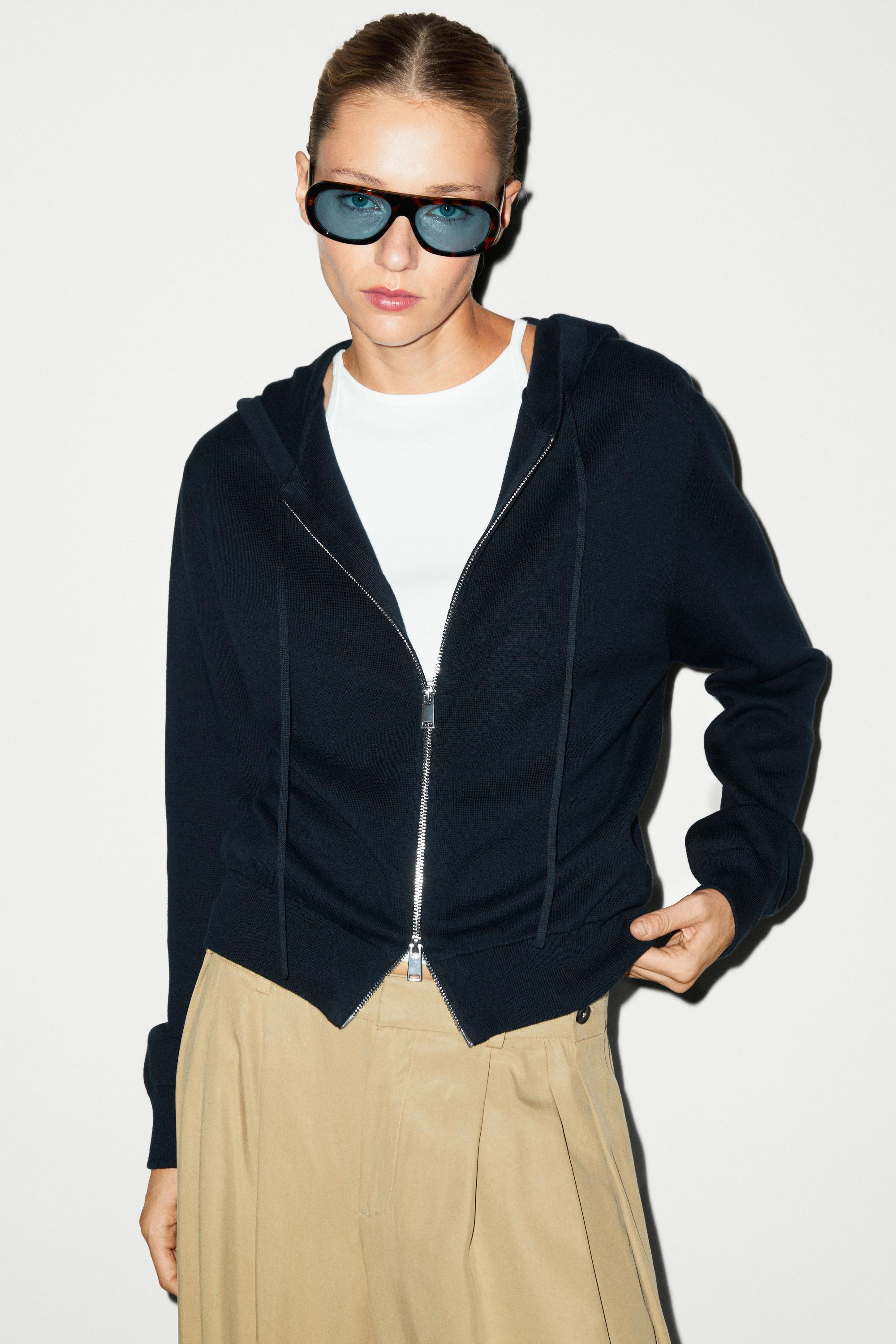 Cotton blend knit hooded cardigan