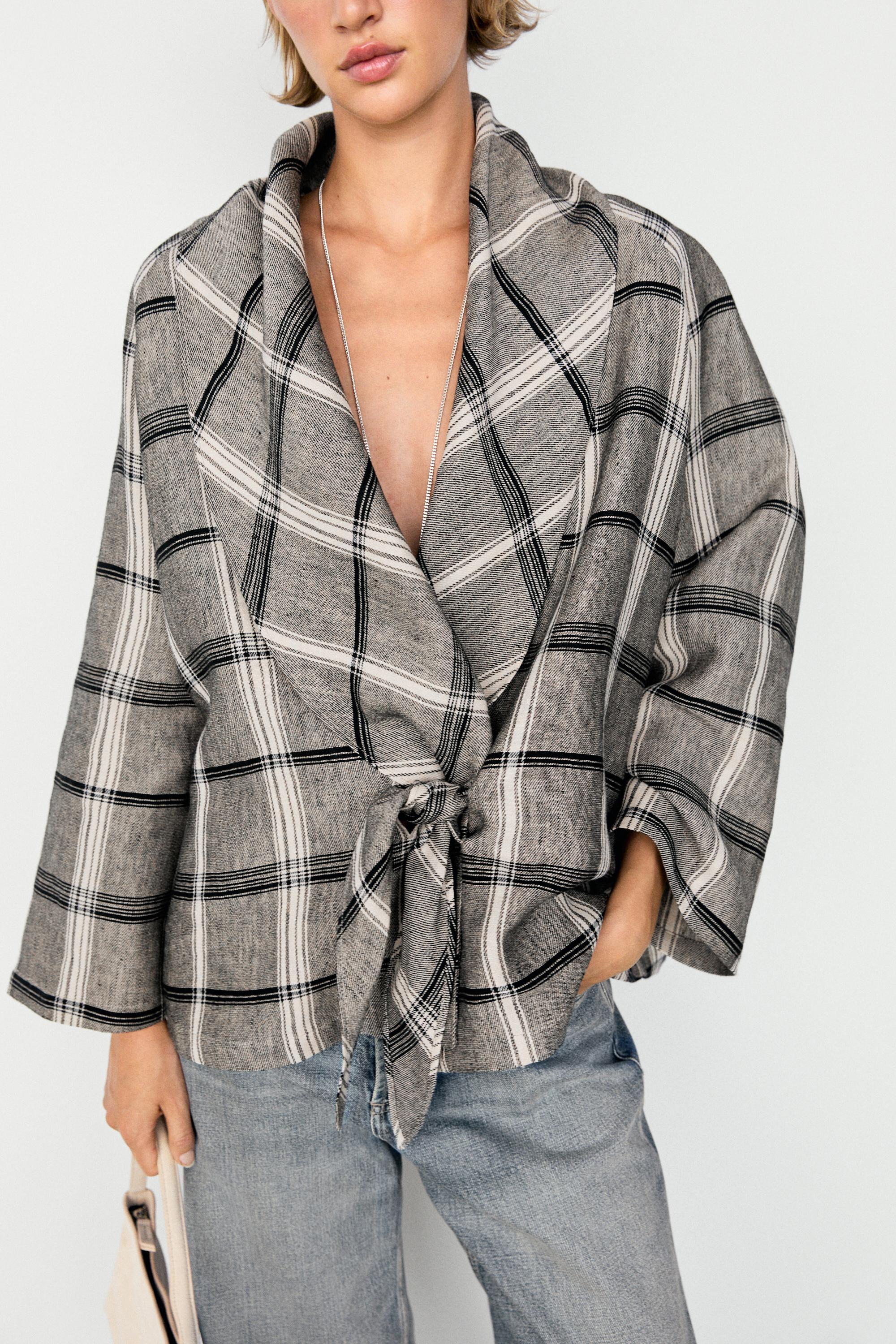 Check tie-detail overshirt — MEDIUM GREY