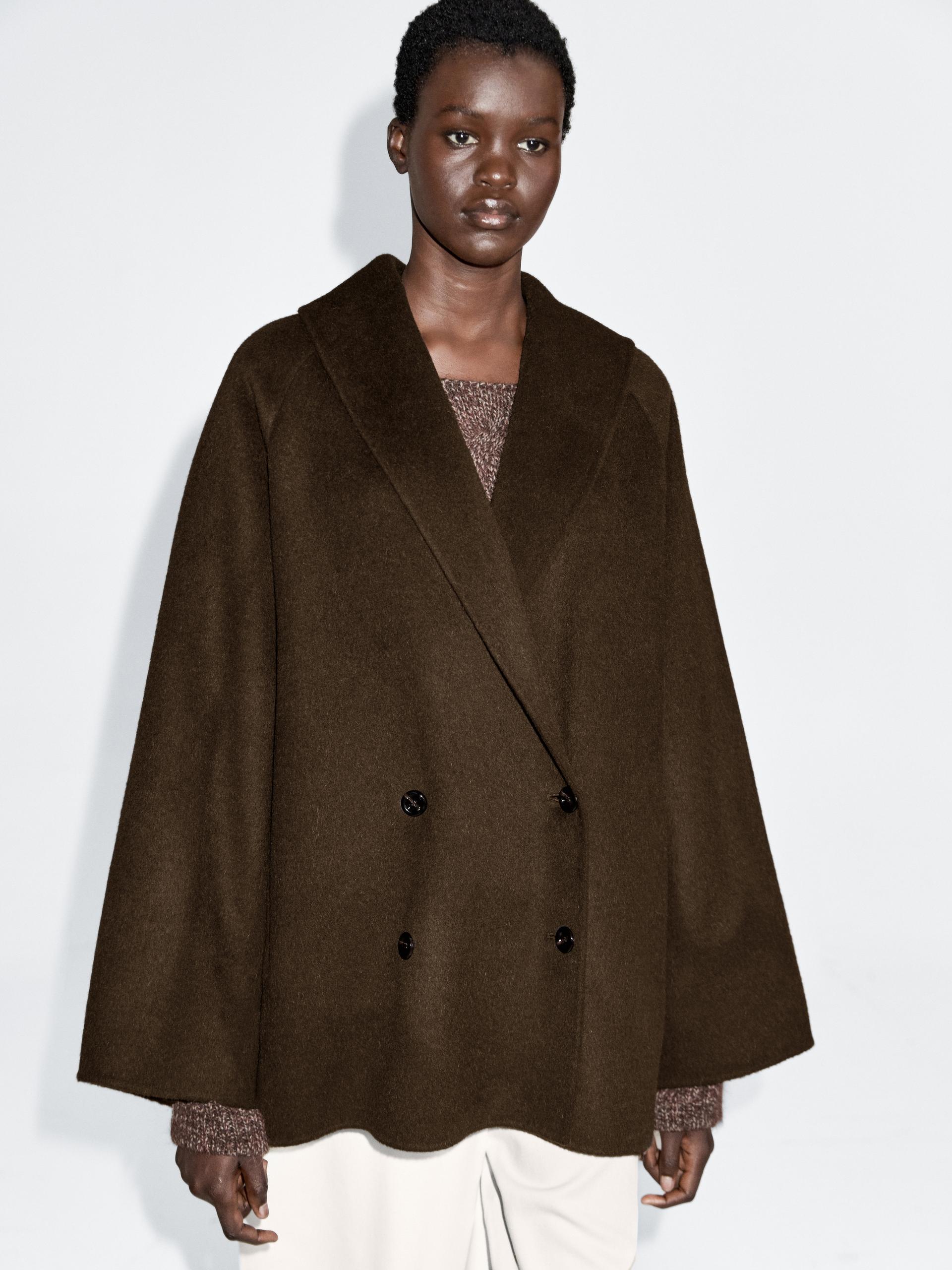 Dwurzędowy Płaszcz Z Mieszanki Wełny Z Kołnierzem Smokingowym - Szarawozielony - S - Massimo Dutti - Kobieta