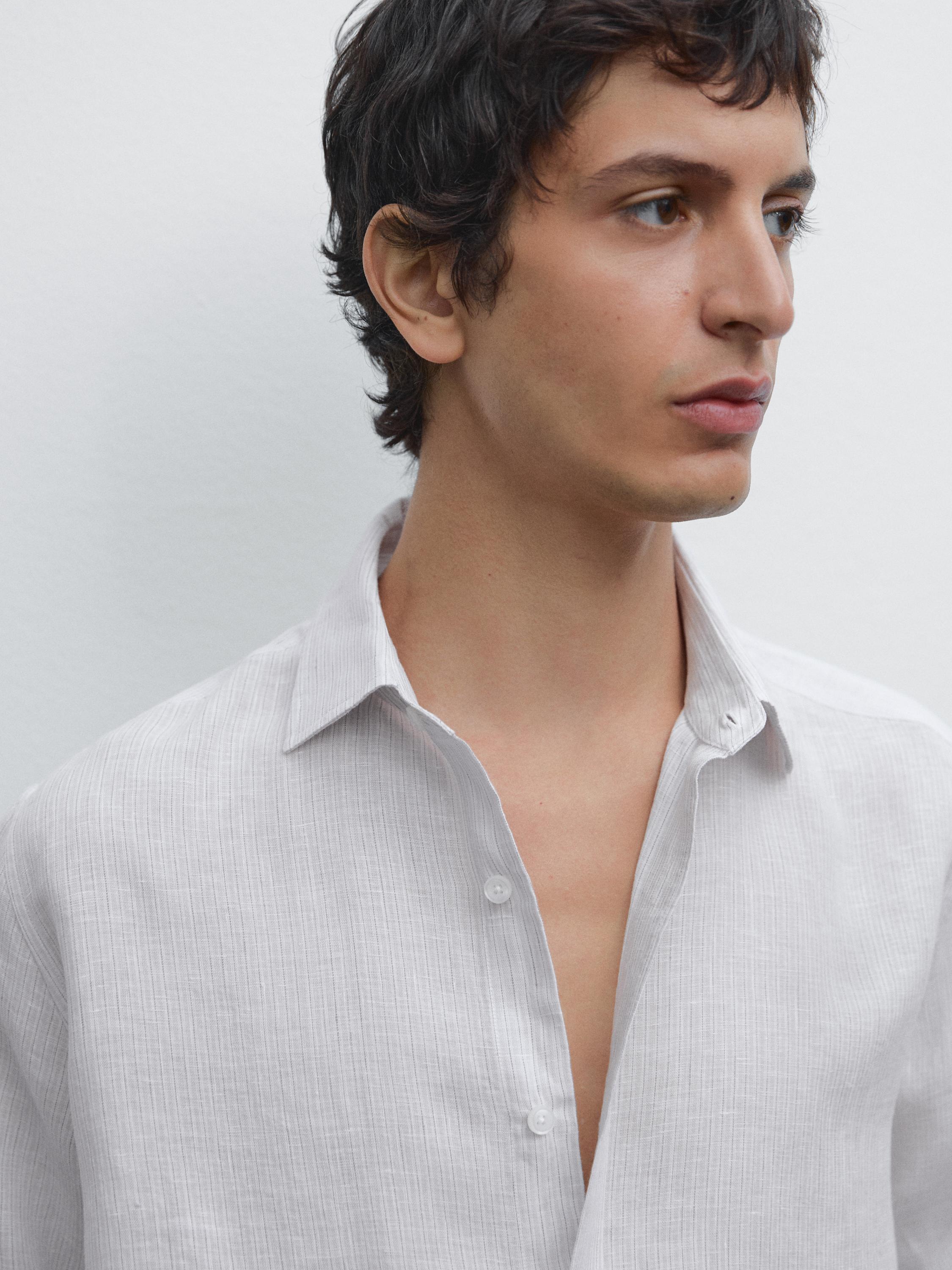 100% linen regular fit striped shirt