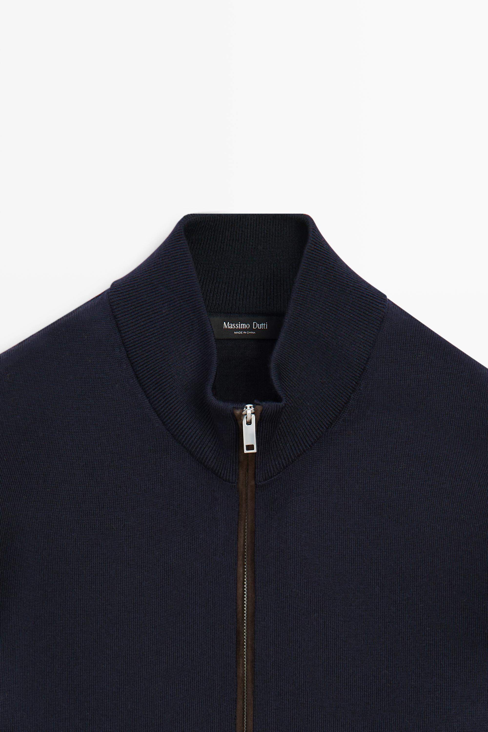 Merino wool blend zip-up knit cardigan — NAVY BLUE