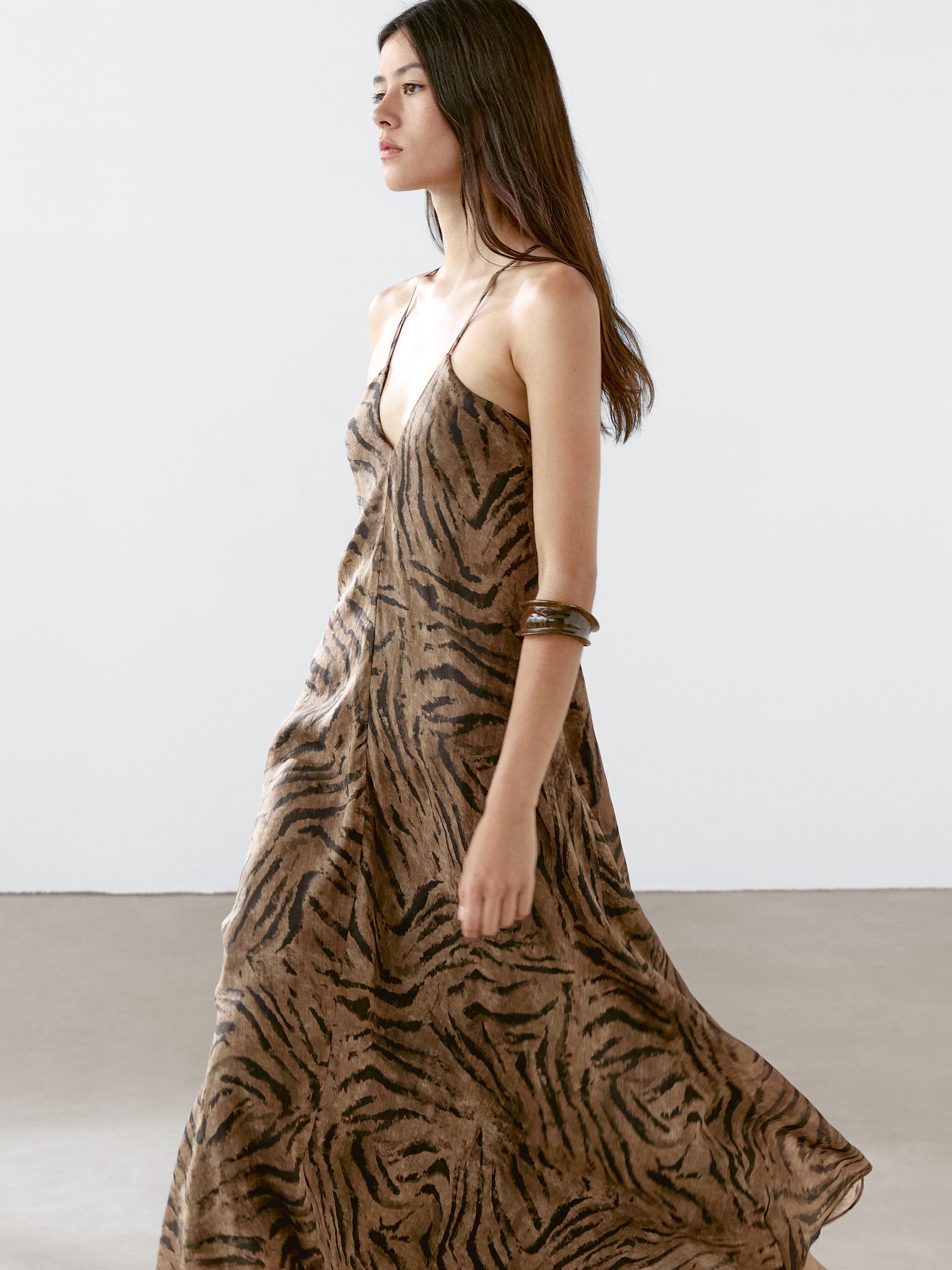 Long ramie blend animal print dress