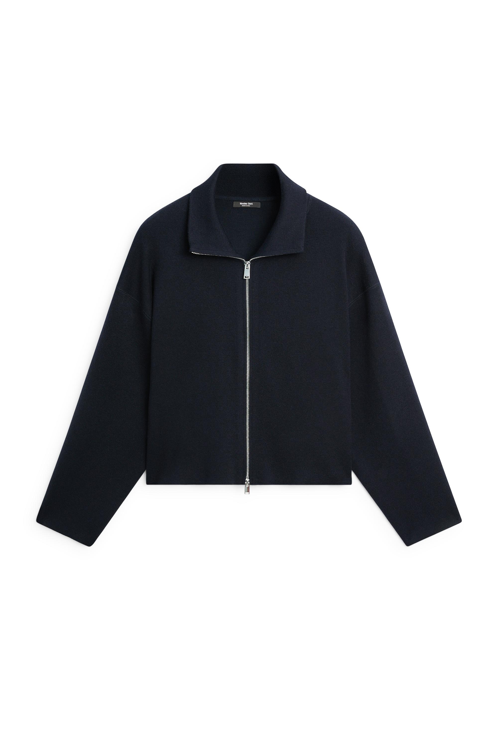 Cotton knit zip-up jacket — NAVY BLUE