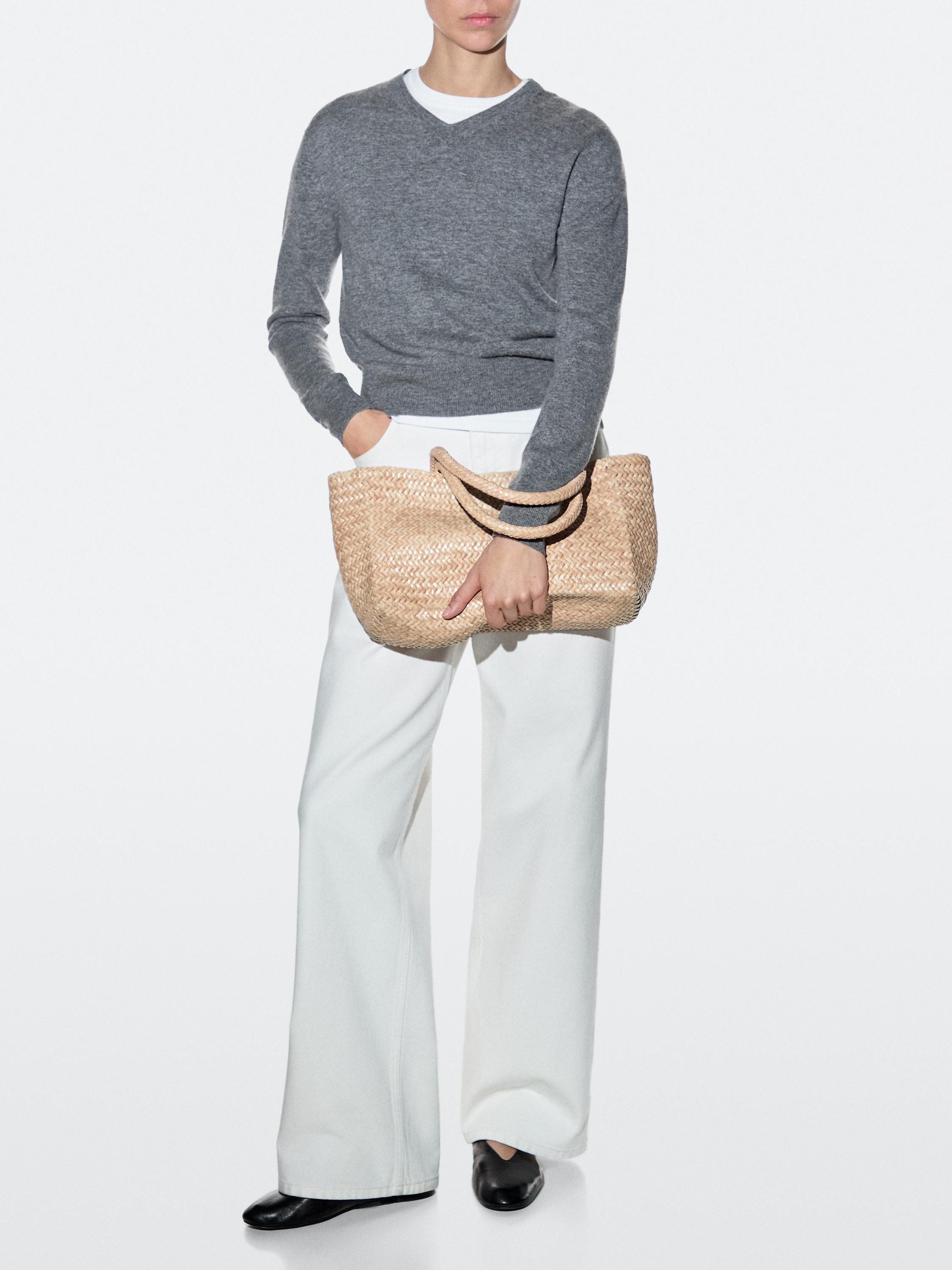 Medium braided nappa leather tote bag — CREAM