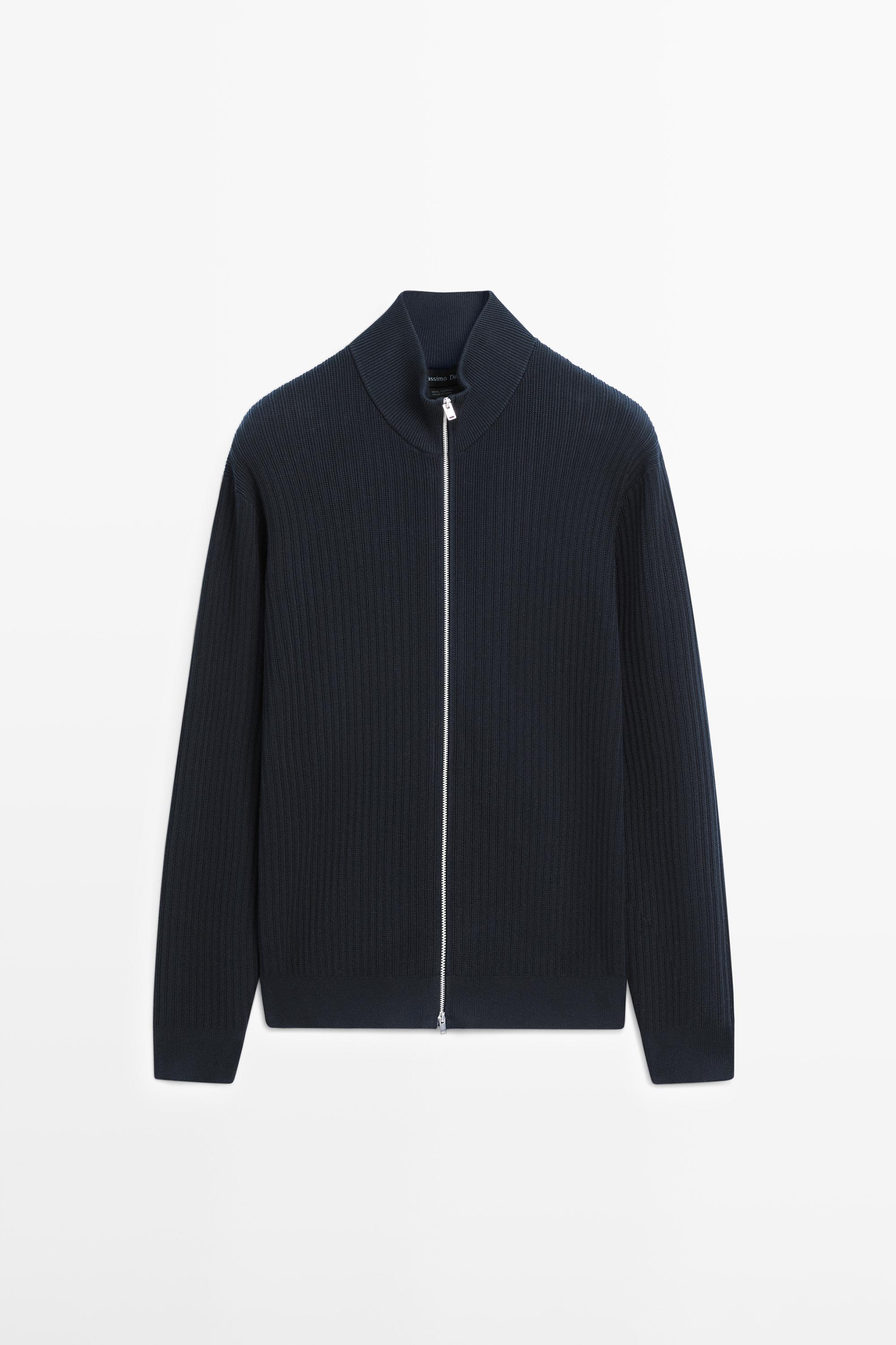 Cotton zip-up knit cardigan — NAVY BLUE