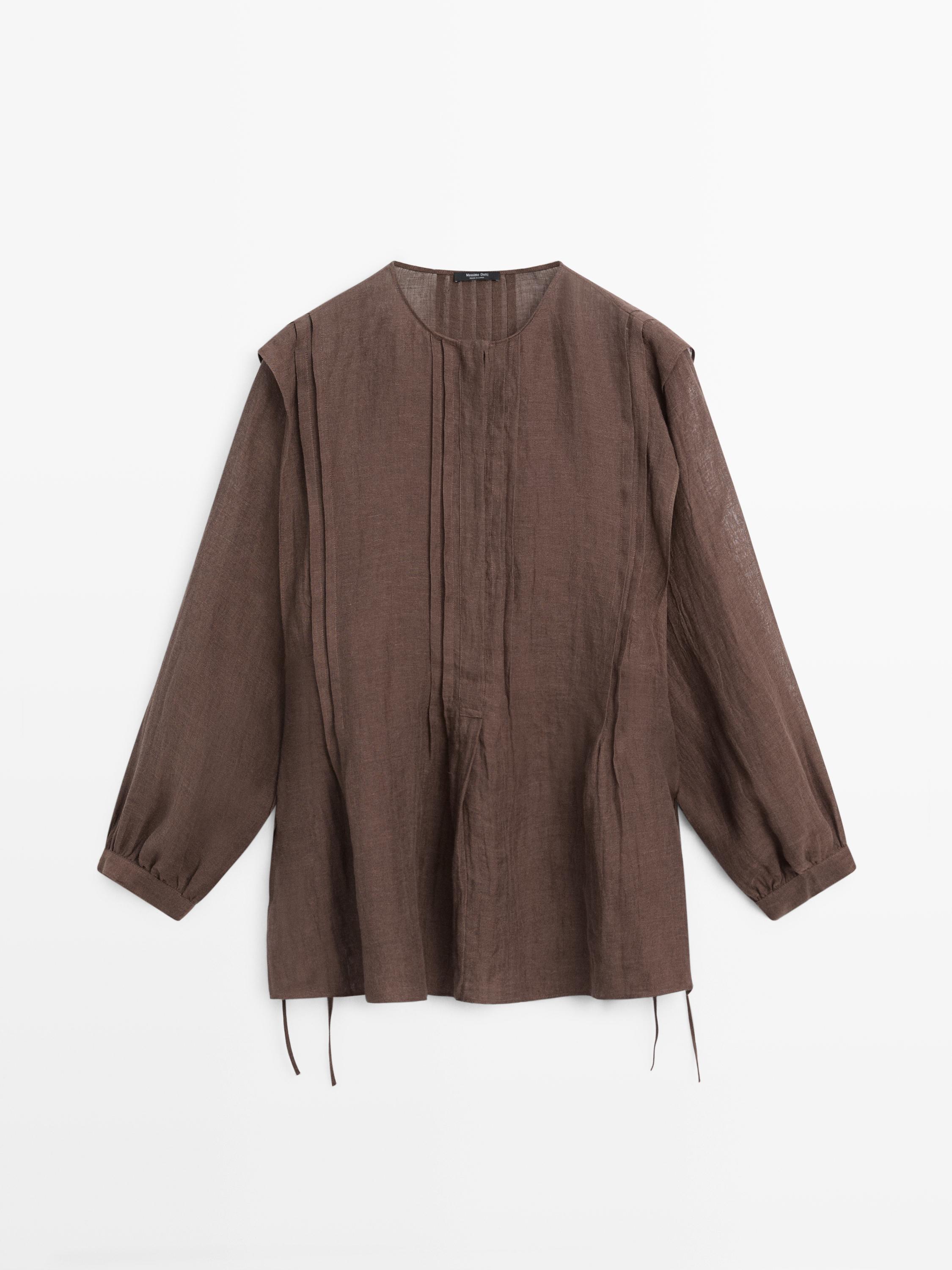 Flowing oversize linen blouse with ruffles — BROWN