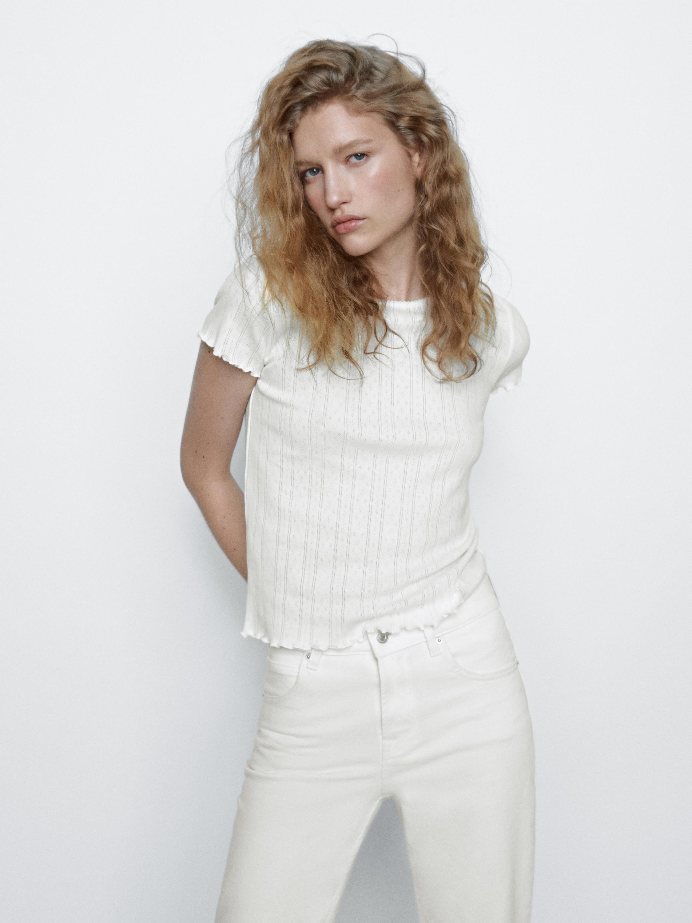 Pointelle openwork cotton T-shirt