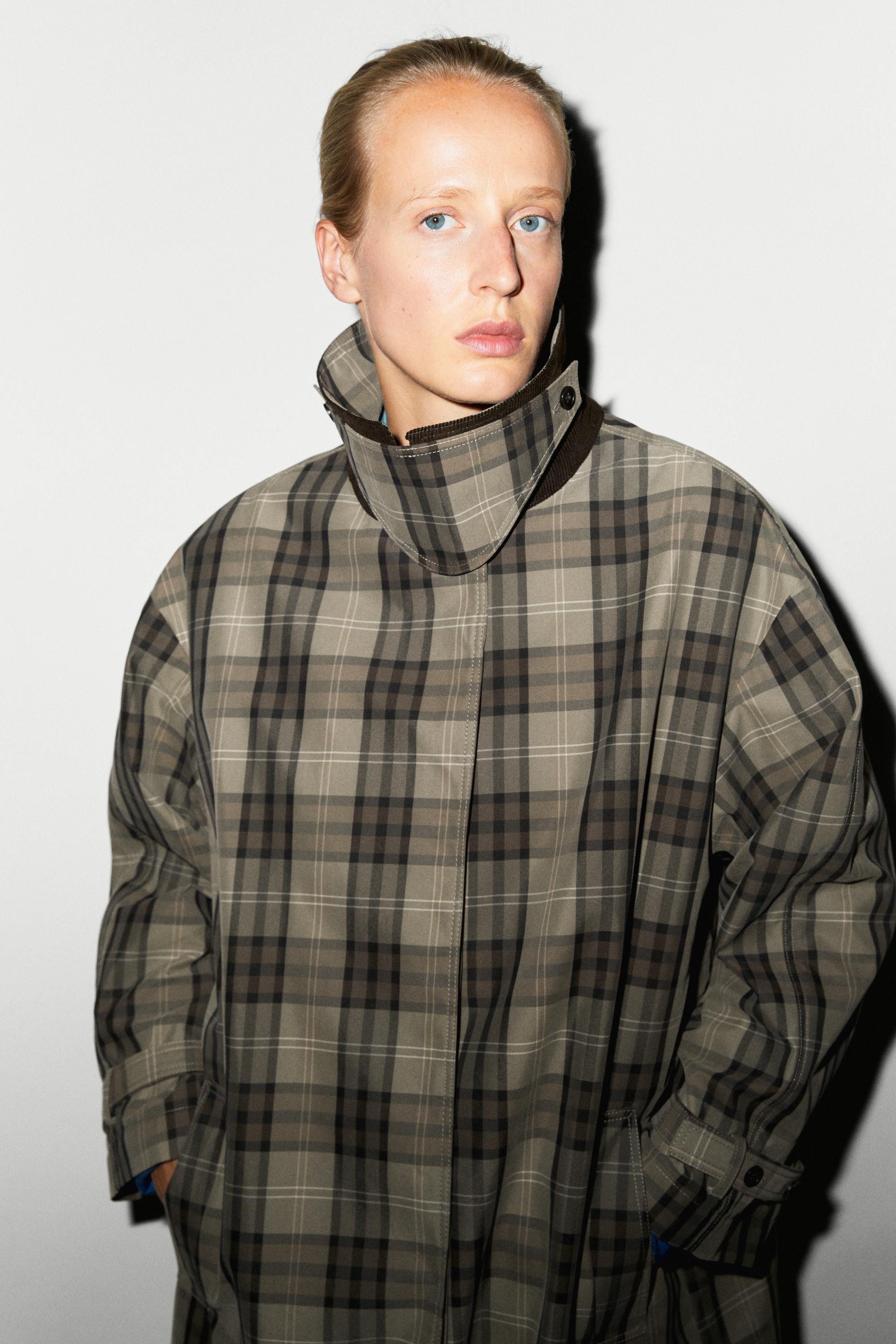 Plaid cotton blend long trench parka