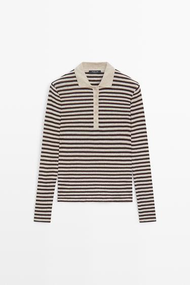 Long sleeve striped wool-blend polo — MINK 2