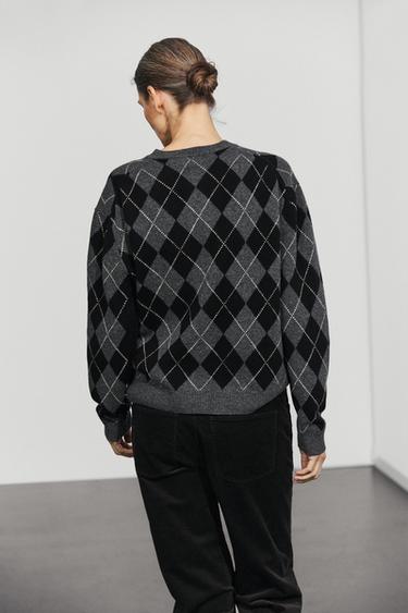100% wool argyle knit cardigan — DARK GREY 5