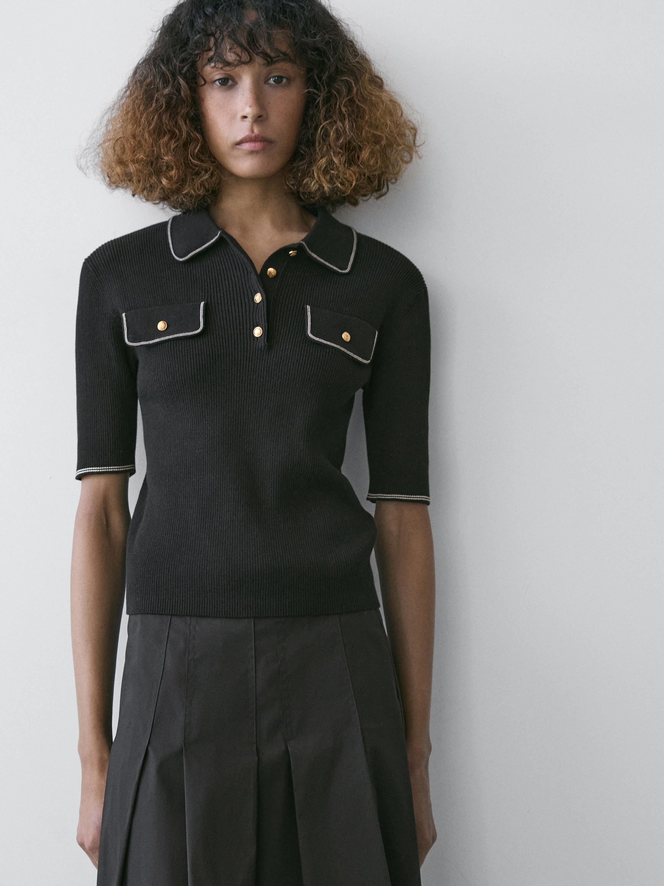 Cotton knit polo shirt with contrast detail — BLACK